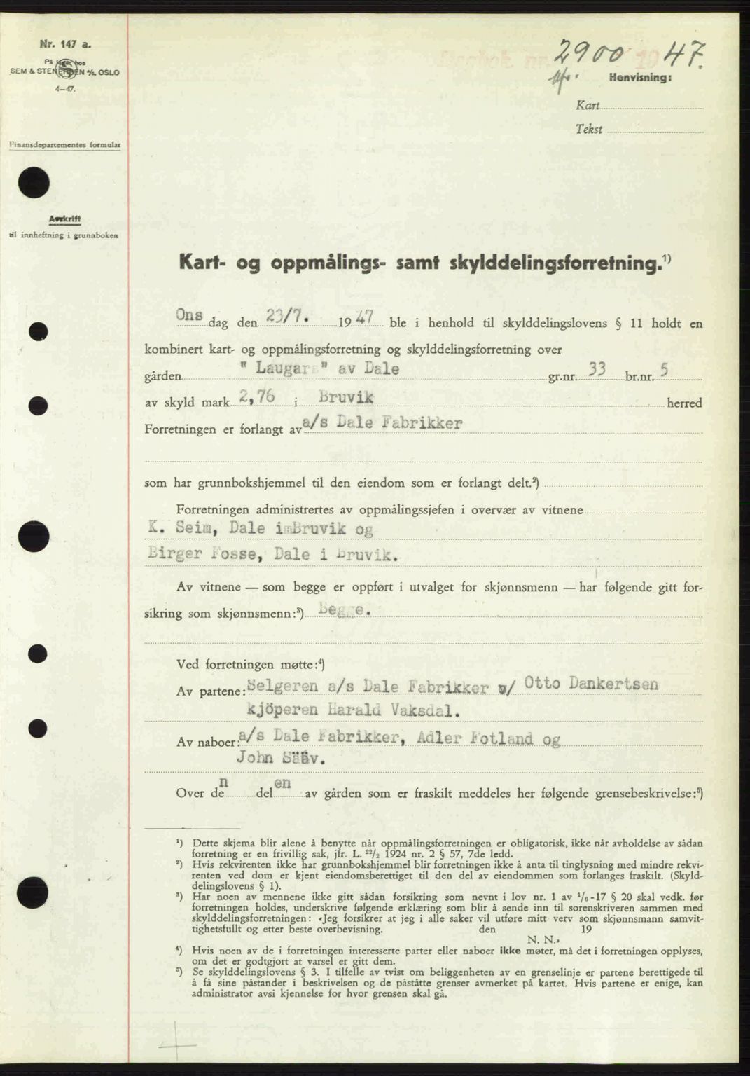 Nordhordland sorenskrivar, SAB/A-2901/1/G/Gb/Gbf/L0032: Pantebok nr. A32, 1947-1947, Dagboknr: 2900/1947