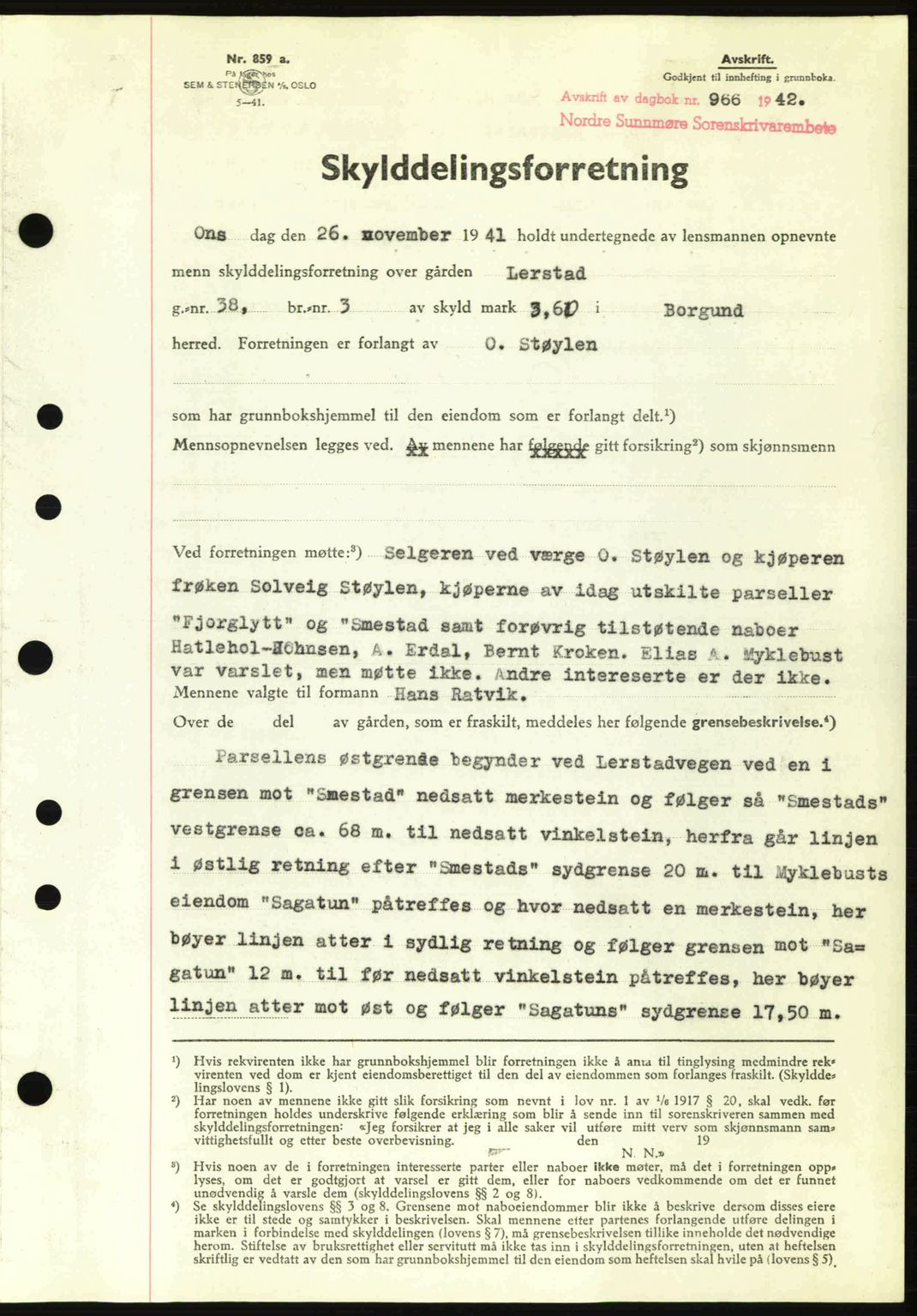 Nordre Sunnmøre sorenskriveri, AV/SAT-A-0006/1/2/2C/2Ca: Pantebok nr. A13, 1942-1942, Dagboknr: 966/1942