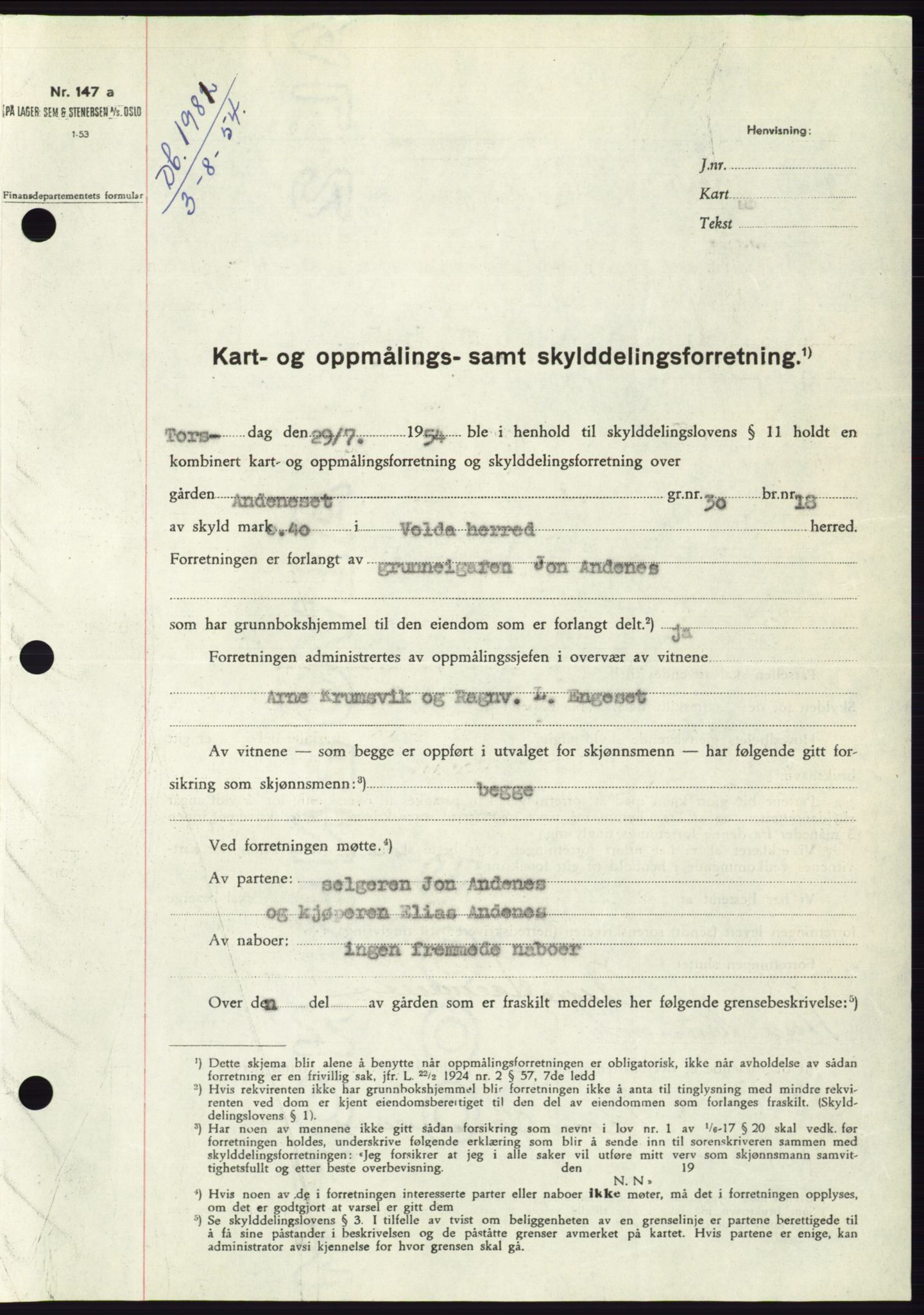 Søre Sunnmøre sorenskriveri, SAT/A-4122/1/2/2C/L0098: Pantebok nr. 24A, 1954-1954, Dagboknr: 1981/1954