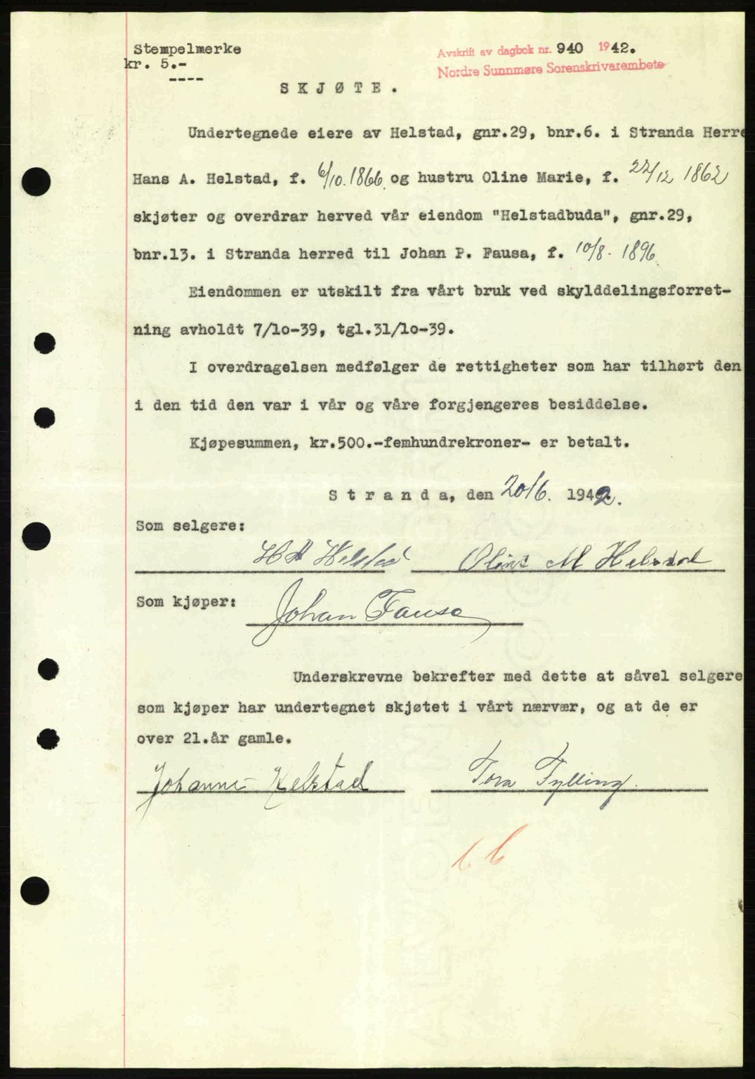 Nordre Sunnmøre sorenskriveri, SAT/A-0006/1/2/2C/2Ca: Pantebok nr. A13, 1942-1942, Dagboknr: 940/1942