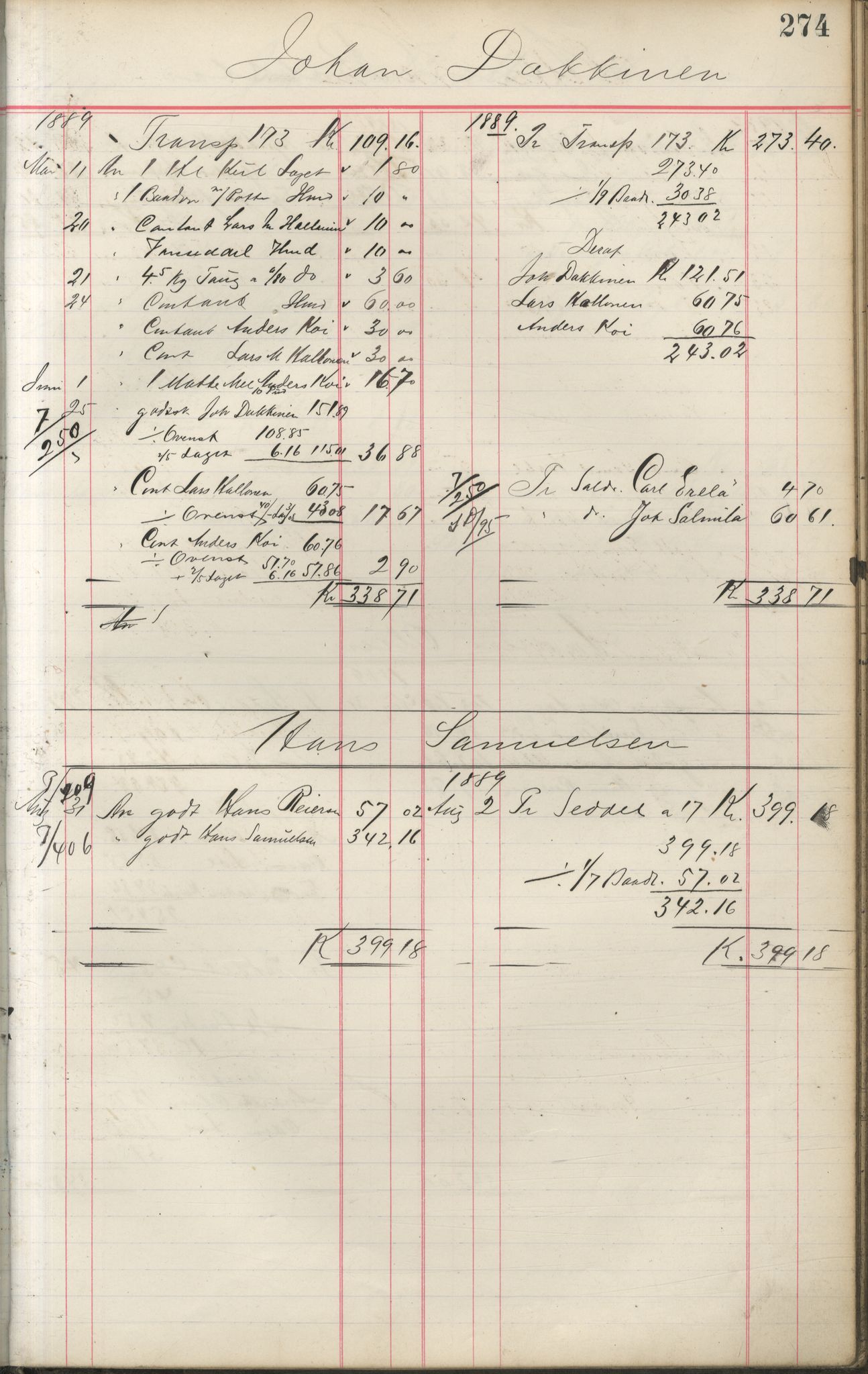 Brodtkorb handel A/S, VAMU/A-0001/F/Fa/L0001/0002: Kompanibøker. Innensogns / Compagnibog for Indensogns Fiskere No 11, 1887-1889, s. 274