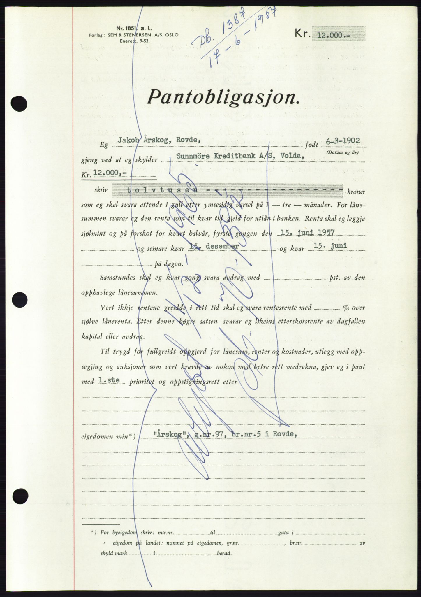 Søre Sunnmøre sorenskriveri, AV/SAT-A-4122/1/2/2C/L0130: Pantebok nr. 18B, 1957-1958, Dagboknr: 1387/1957