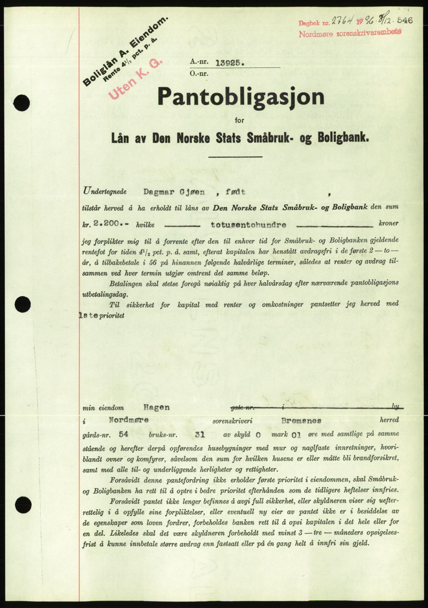 Nordmøre sorenskriveri, AV/SAT-A-4132/1/2/2Ca/L0090: Pantebok nr. B80, 1936-1937, Dagboknr: 2764/1936