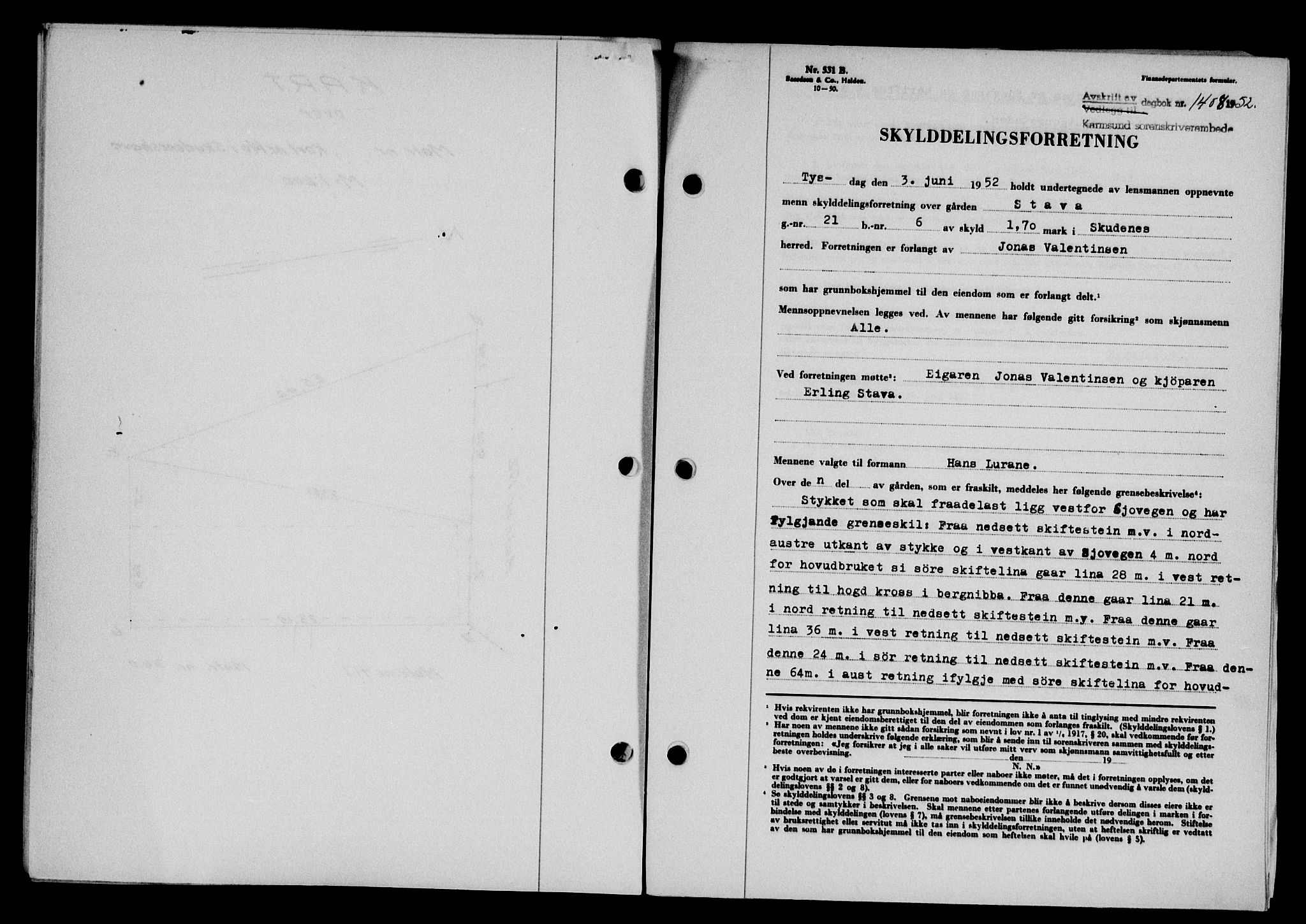 Karmsund sorenskriveri, SAST/A-100311/01/II/IIB/L0105: Pantebok nr. 85A, 1952-1952, Dagboknr: 1408/1952