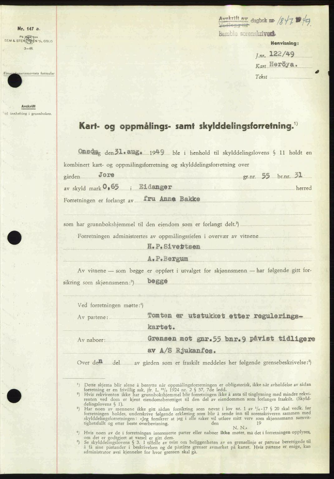 Bamble sorenskriveri, SAKO/A-214/G/Ga/Gag/L0015: Pantebok nr. A-15, 1949-1949, Dagboknr: 1847/1949