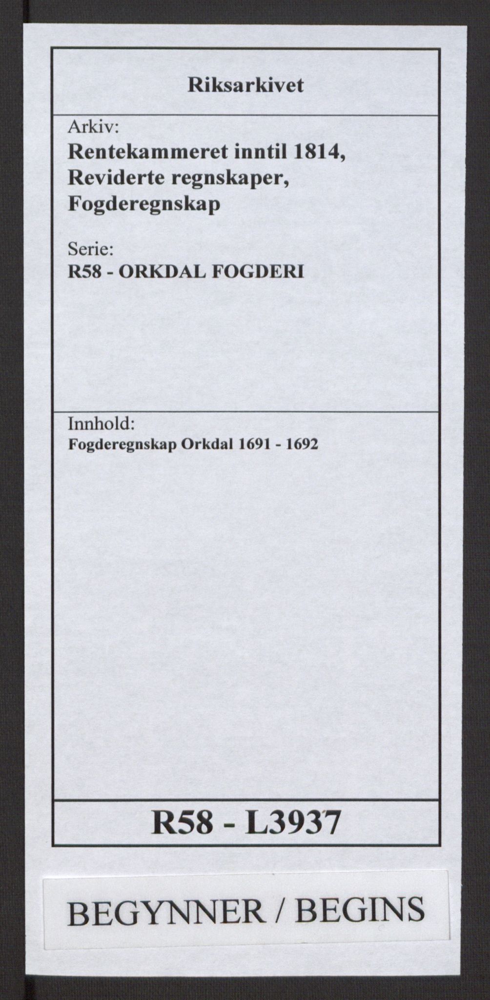 Rentekammeret inntil 1814, Reviderte regnskaper, Fogderegnskap, RA/EA-4092/R58/L3937: Fogderegnskap Orkdal, 1691-1692, s. 1