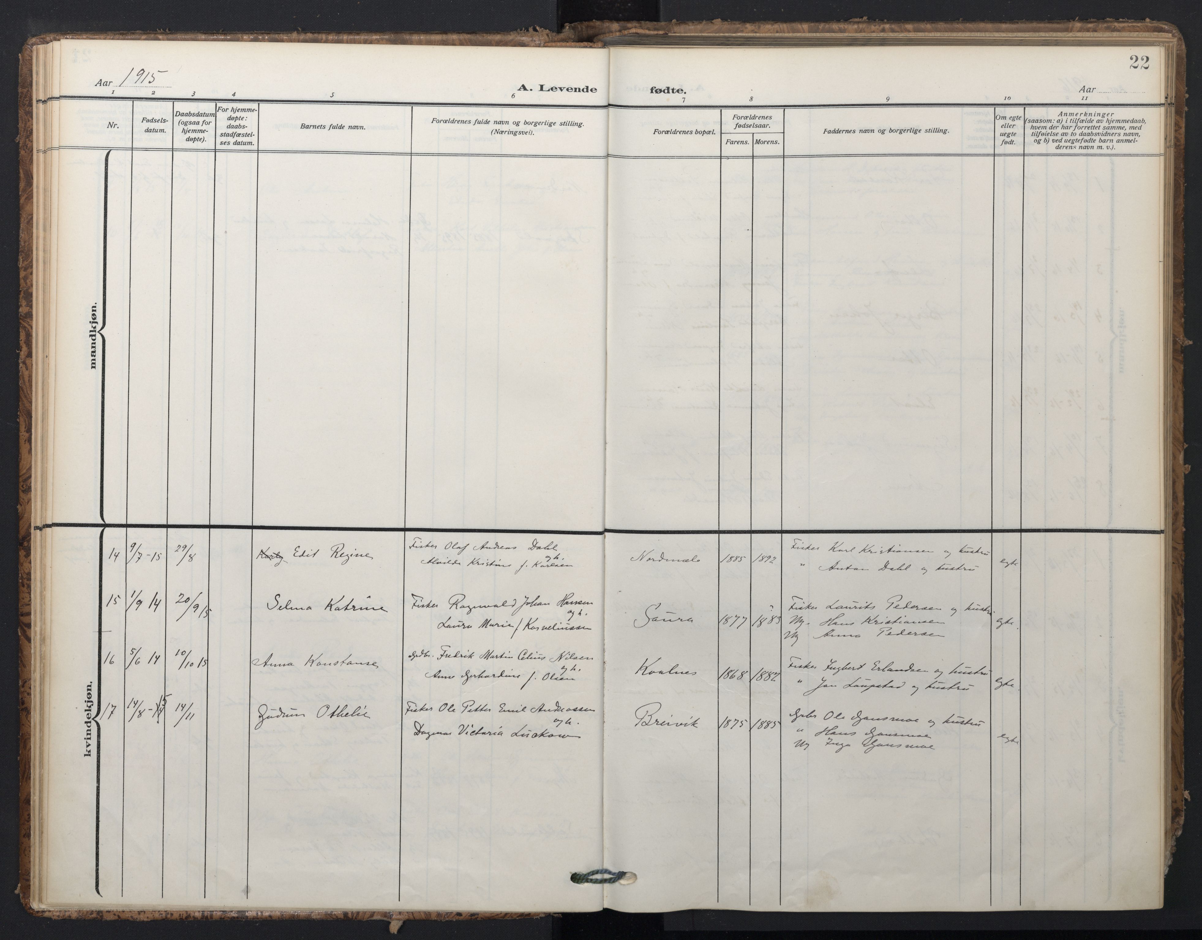 Ministerialprotokoller, klokkerbøker og fødselsregistre - Nordland, AV/SAT-A-1459/897/L1401: Ministerialbok nr. 897A08, 1909-1921, s. 22