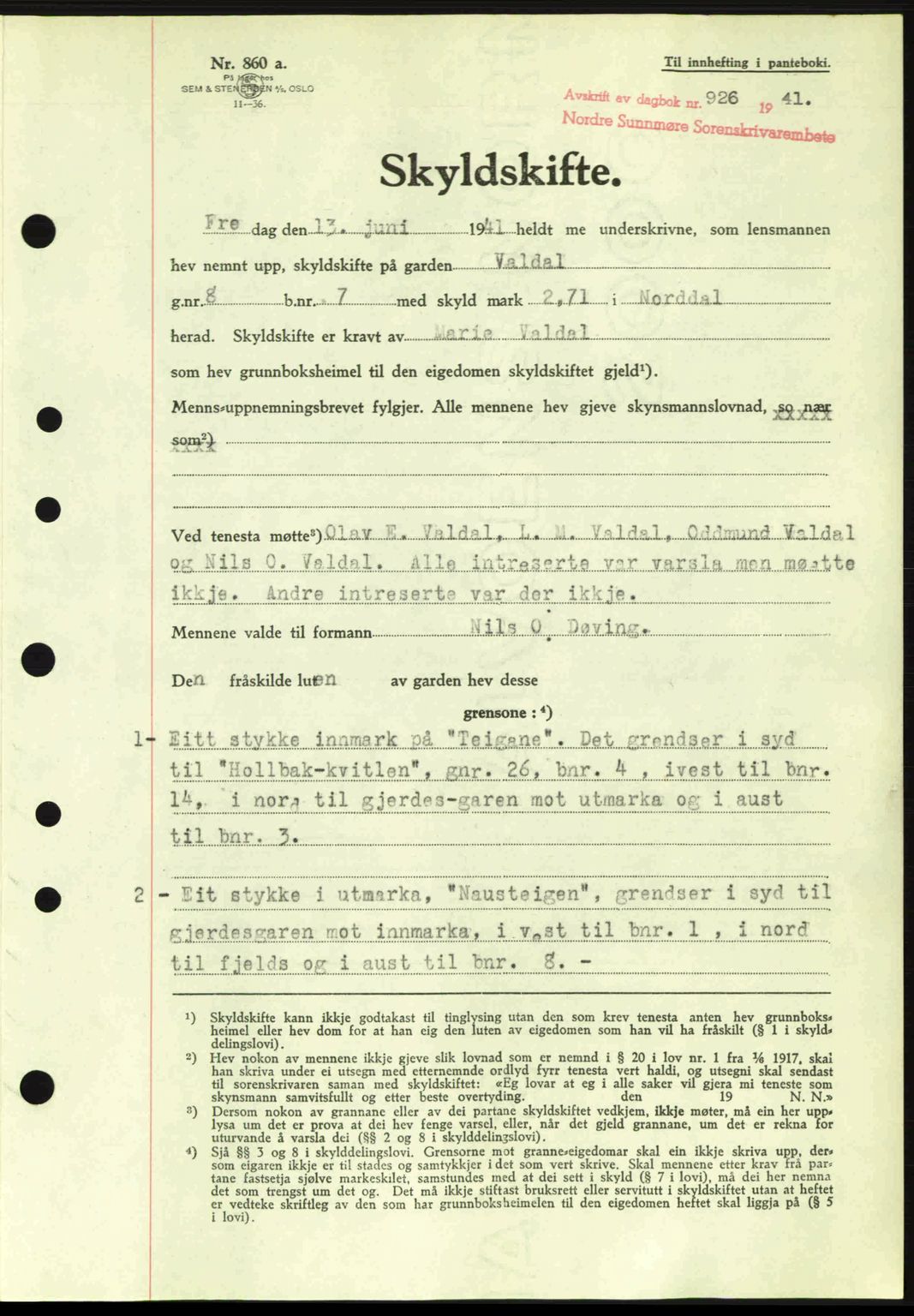 Nordre Sunnmøre sorenskriveri, SAT/A-0006/1/2/2C/2Ca: Pantebok nr. A11, 1941-1941, Dagboknr: 926/1941