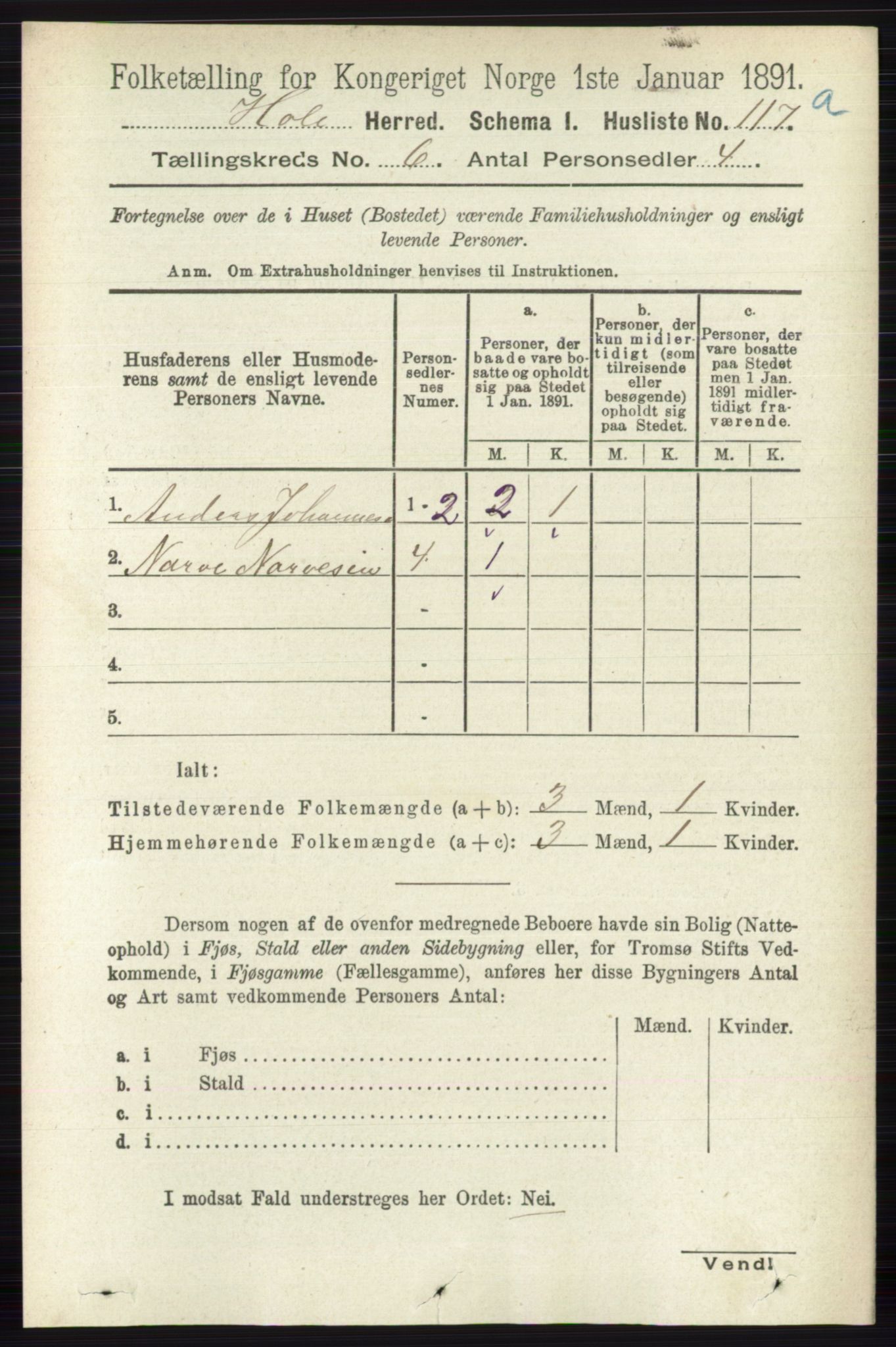 RA, Folketelling 1891 for 0612 Hole herred, 1891, s. 3093