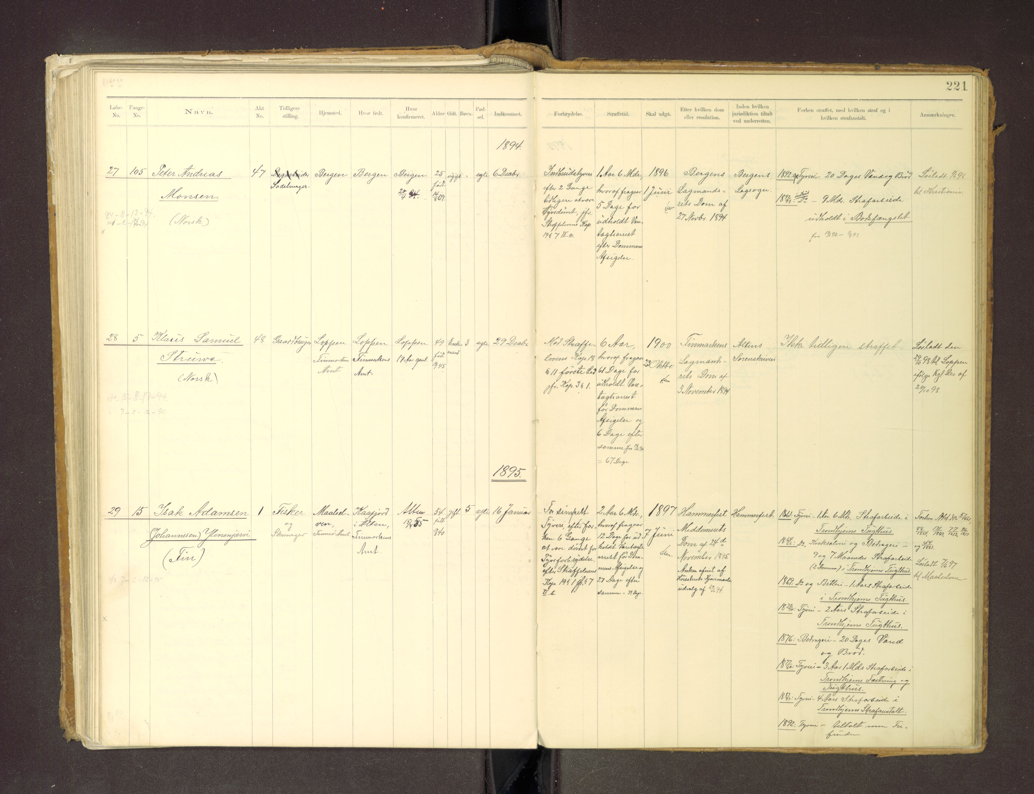 Trondheim tukthus, AV/SAT-A-4619/05/65/L0036: 65.36 Fangeprotokoll m/reg, 1885-1898, s. 221