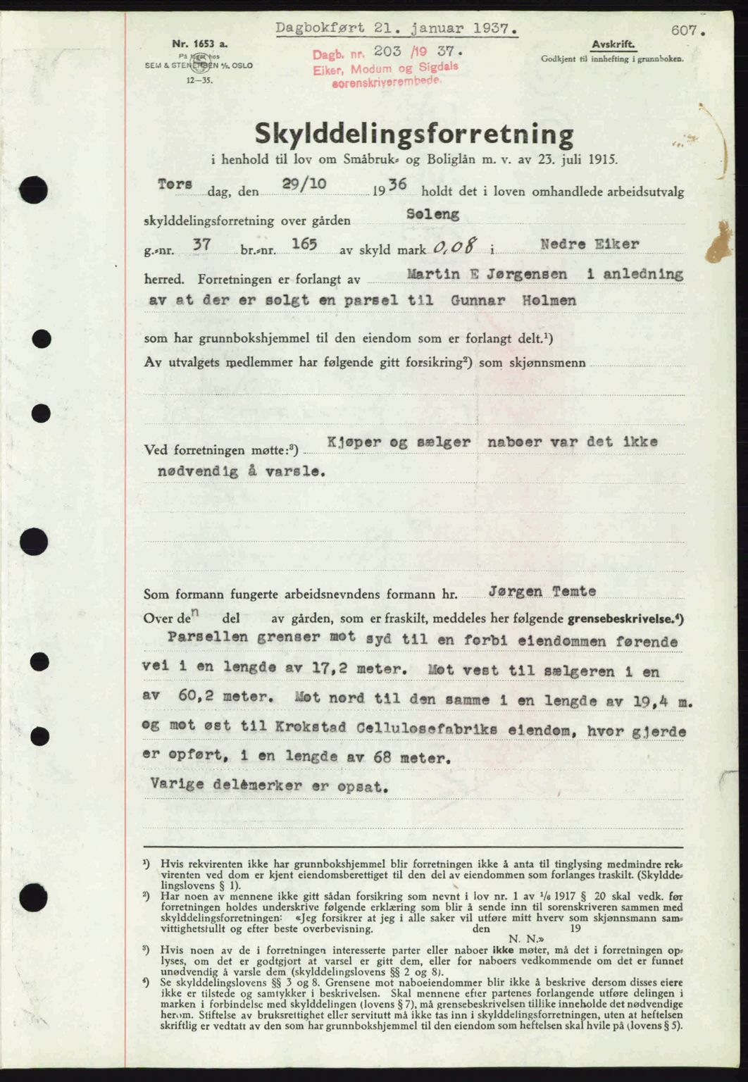 Eiker, Modum og Sigdal sorenskriveri, SAKO/A-123/G/Ga/Gab/L0034: Pantebok nr. A4, 1936-1937, Dagboknr: 203/1937