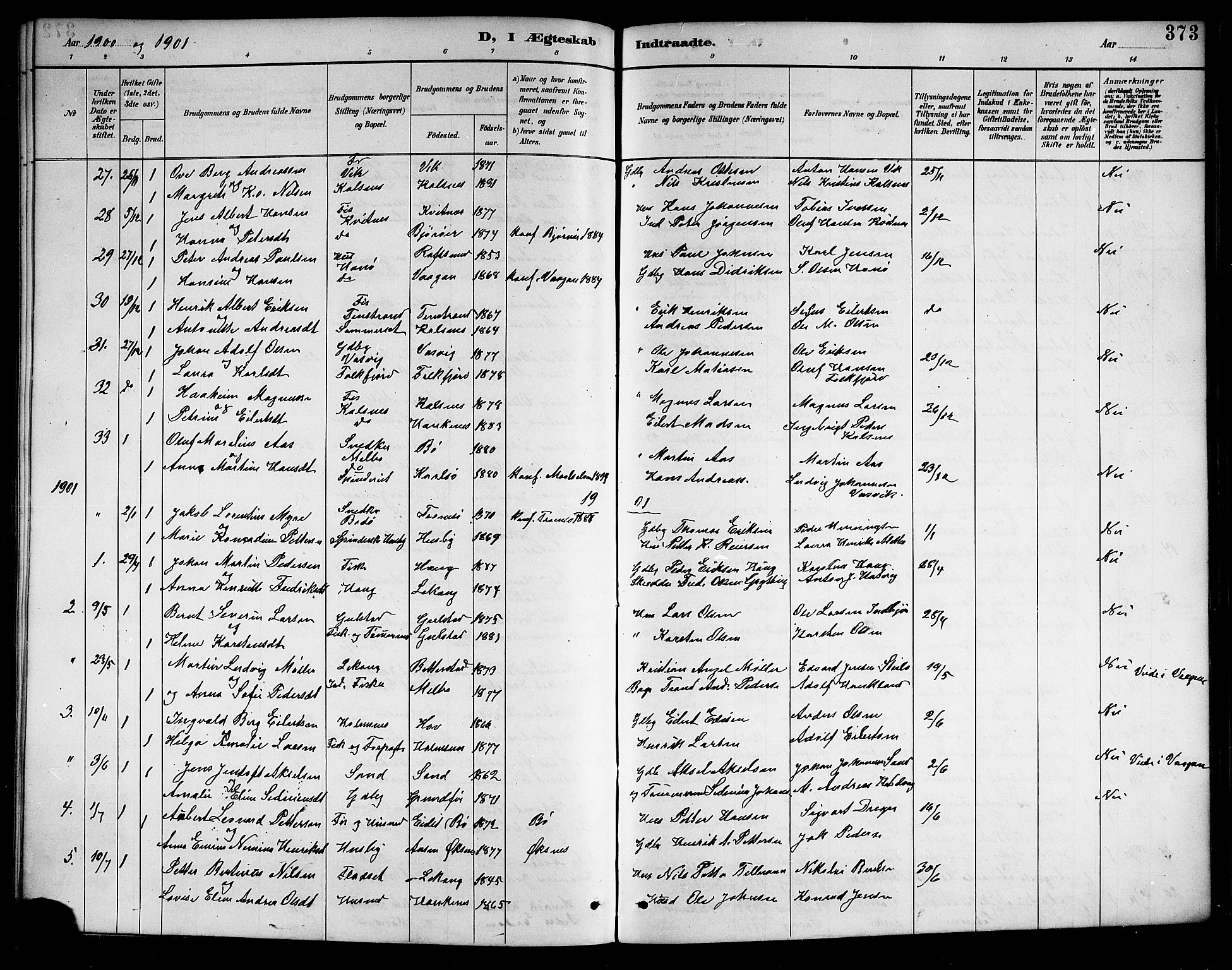 Ministerialprotokoller, klokkerbøker og fødselsregistre - Nordland, AV/SAT-A-1459/888/L1268: Klokkerbok nr. 888C06, 1891-1908, s. 373