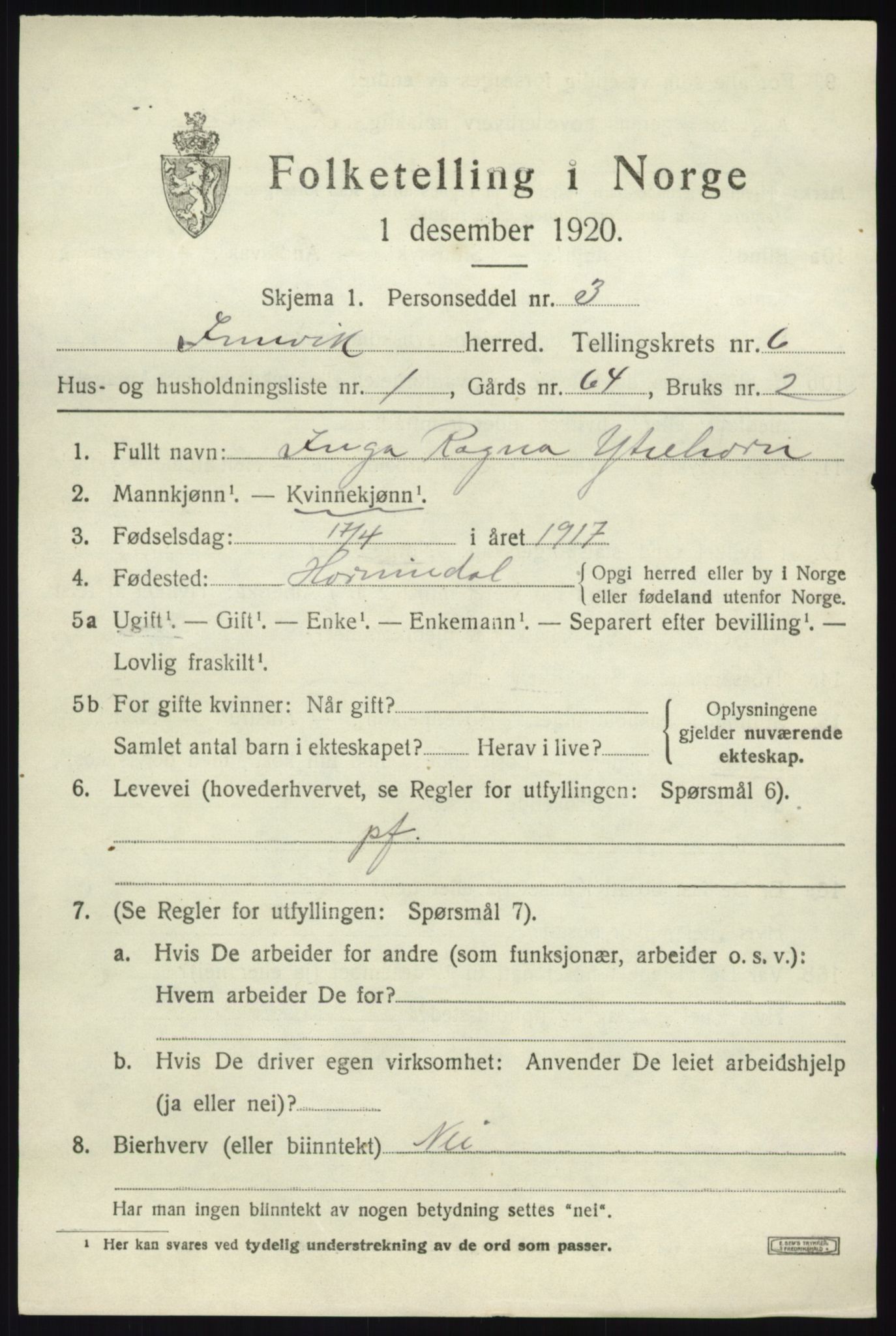 SAB, Folketelling 1920 for 1447 Innvik herred, 1920, s. 3015