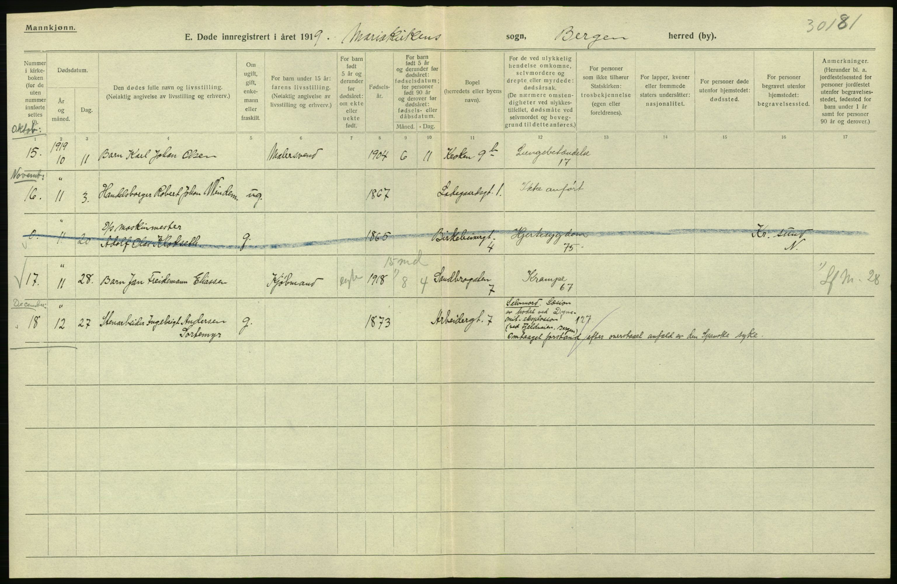 Statistisk sentralbyrå, Sosiodemografiske emner, Befolkning, AV/RA-S-2228/D/Df/Dfb/Dfbi/L0035: Bergen: Gifte, døde, dødfødte., 1919, s. 536