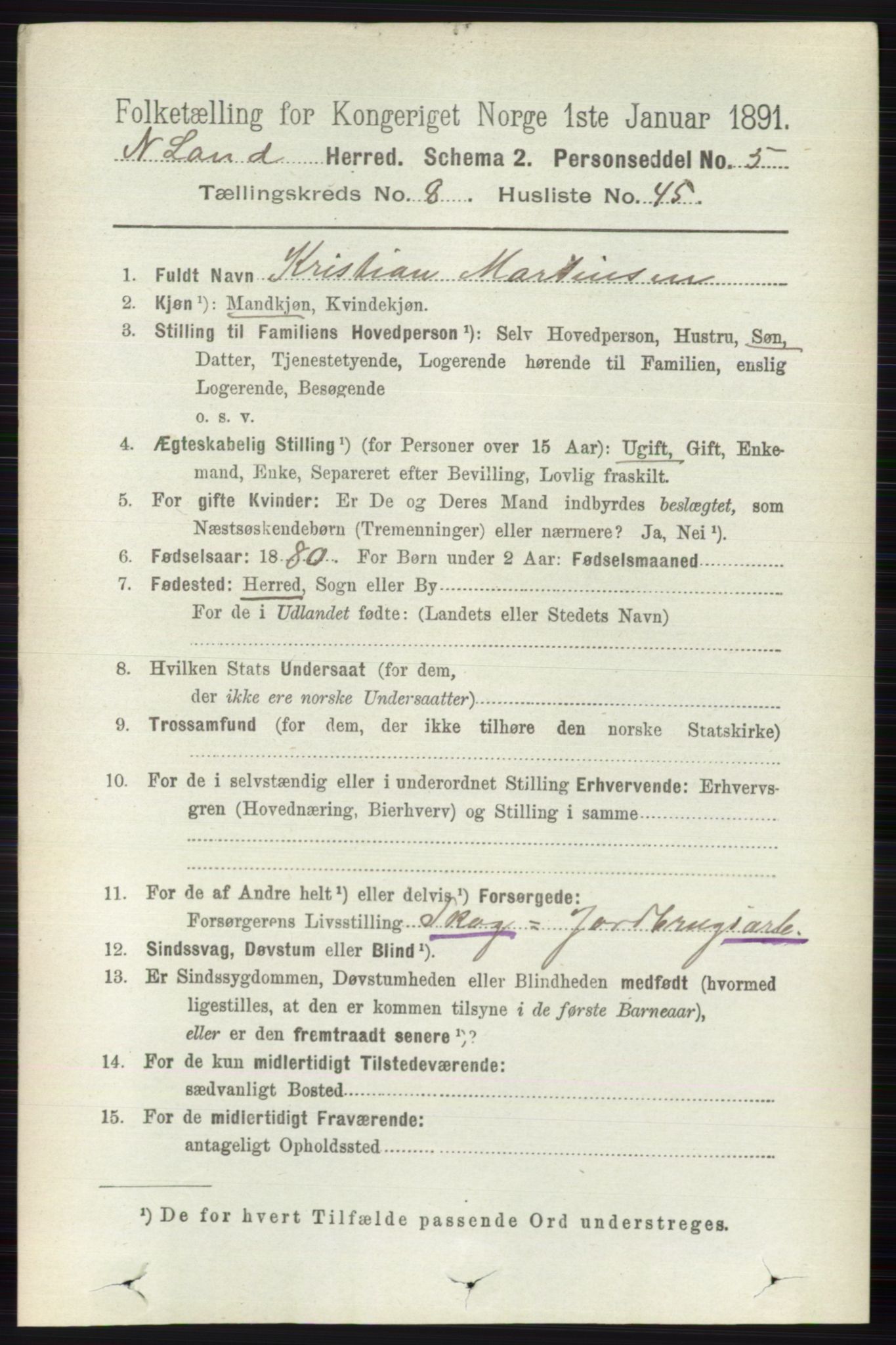 RA, Folketelling 1891 for 0538 Nordre Land herred, 1891, s. 2475