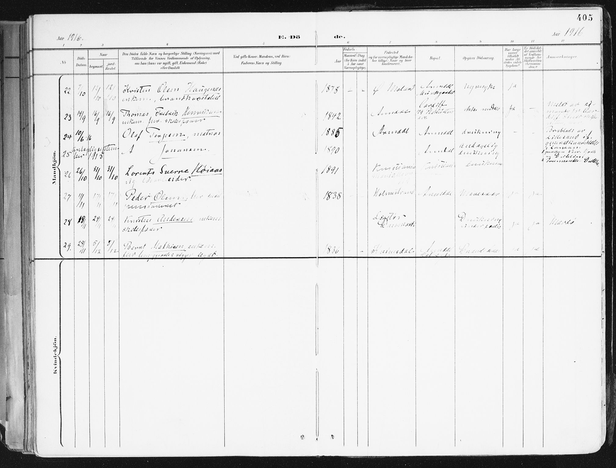 Arendal sokneprestkontor, Trefoldighet, AV/SAK-1111-0040/F/Fa/L0010: Ministerialbok nr. A 10, 1900-1919, s. 405