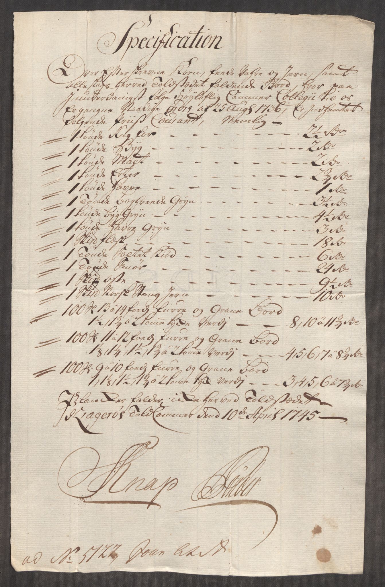 Rentekammeret inntil 1814, Realistisk ordnet avdeling, RA/EA-4070/Oe/L0003: [Ø1]: Priskuranter, 1745-1748, s. 135