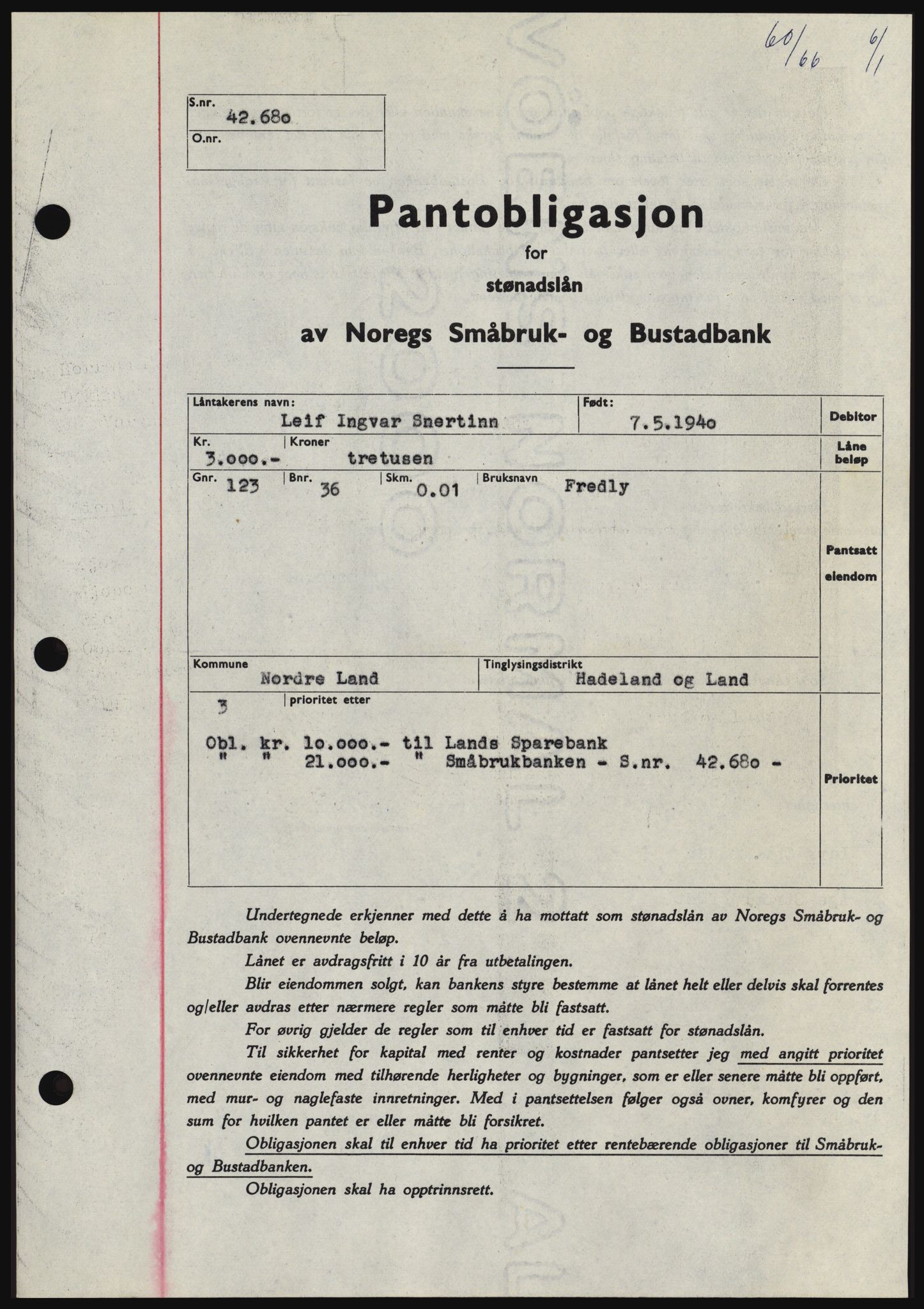 Hadeland og Land tingrett, SAH/TING-010/H/Hb/Hbc/L0061: Pantebok nr. B61, 1965-1966, Dagboknr: 60/1966