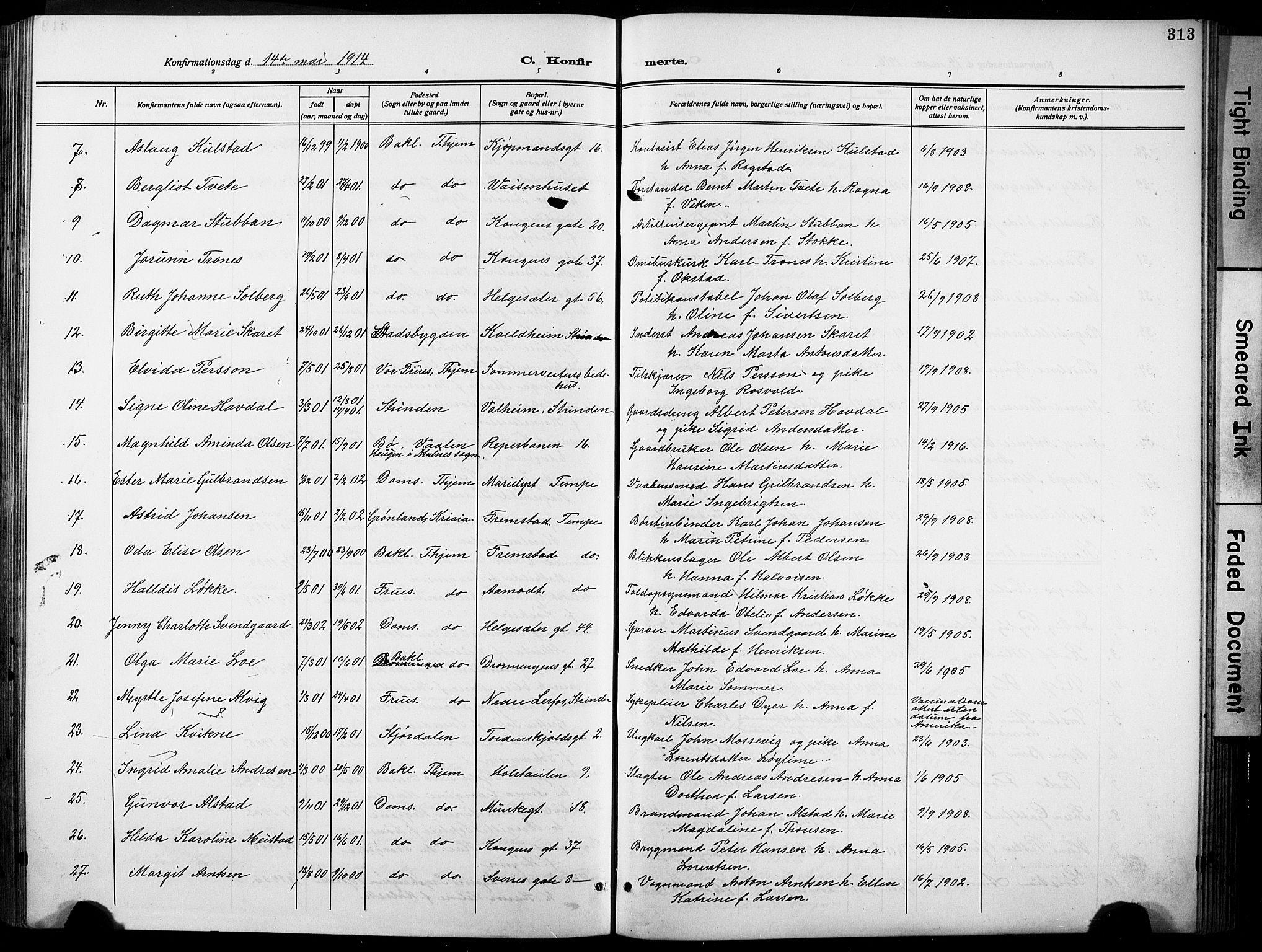 Ministerialprotokoller, klokkerbøker og fødselsregistre - Sør-Trøndelag, SAT/A-1456/601/L0096: Klokkerbok nr. 601C14, 1911-1931, s. 313