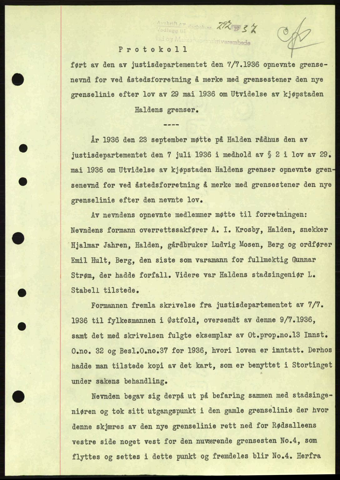 Idd og Marker sorenskriveri, AV/SAO-A-10283/G/Gb/Gbb/L0001: Pantebok nr. A1, 1936-1937, Dagboknr: 292/1937