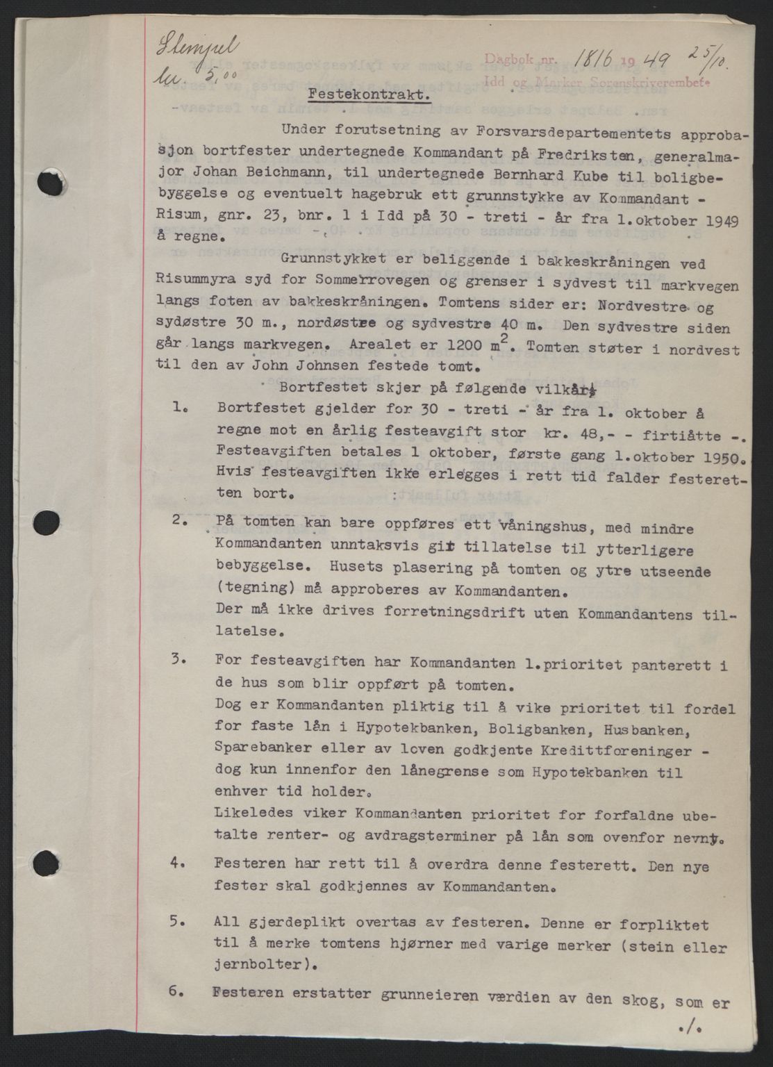 Idd og Marker sorenskriveri, SAO/A-10283/G/Gb/Gbb/L0013: Pantebok nr. A13, 1949-1950, Dagboknr: 1816/1949