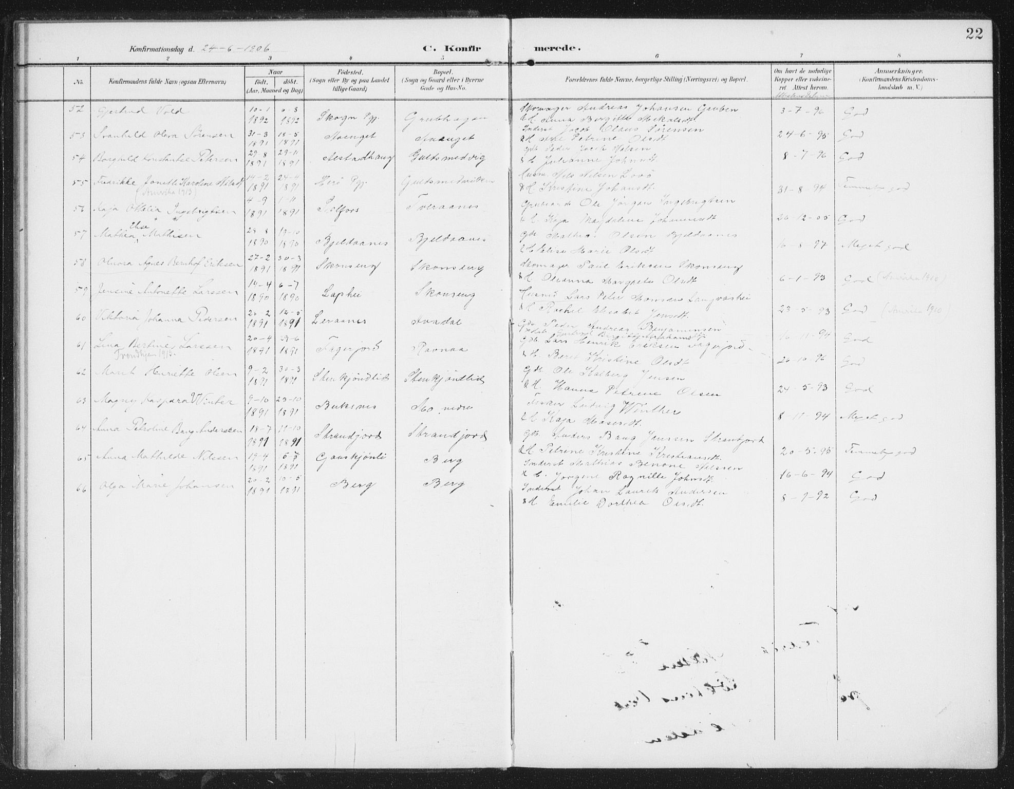 Ministerialprotokoller, klokkerbøker og fødselsregistre - Nordland, AV/SAT-A-1459/827/L0403: Ministerialbok nr. 827A15, 1903-1912, s. 22