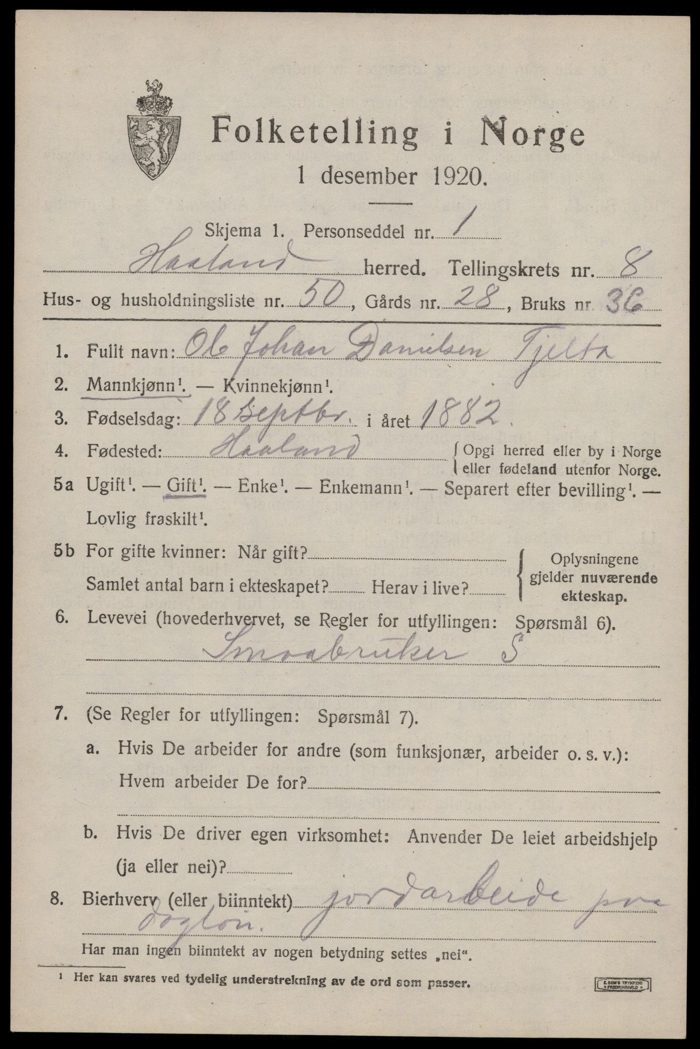 SAST, Folketelling 1920 for 1124 Håland herred, 1920, s. 6905