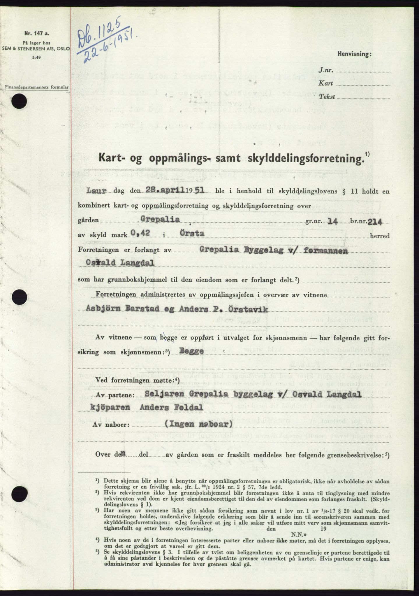 Søre Sunnmøre sorenskriveri, SAT/A-4122/1/2/2C/L0089: Pantebok nr. 15A, 1951-1951, Dagboknr: 1125/1951