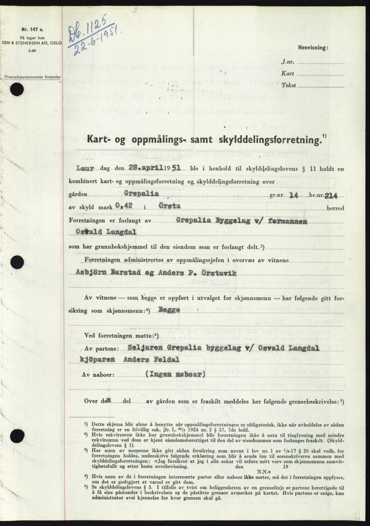 Søre Sunnmøre sorenskriveri, AV/SAT-A-4122/1/2/2C/L0089: Pantebok nr. 15A, 1951-1951, Dagboknr: 1125/1951