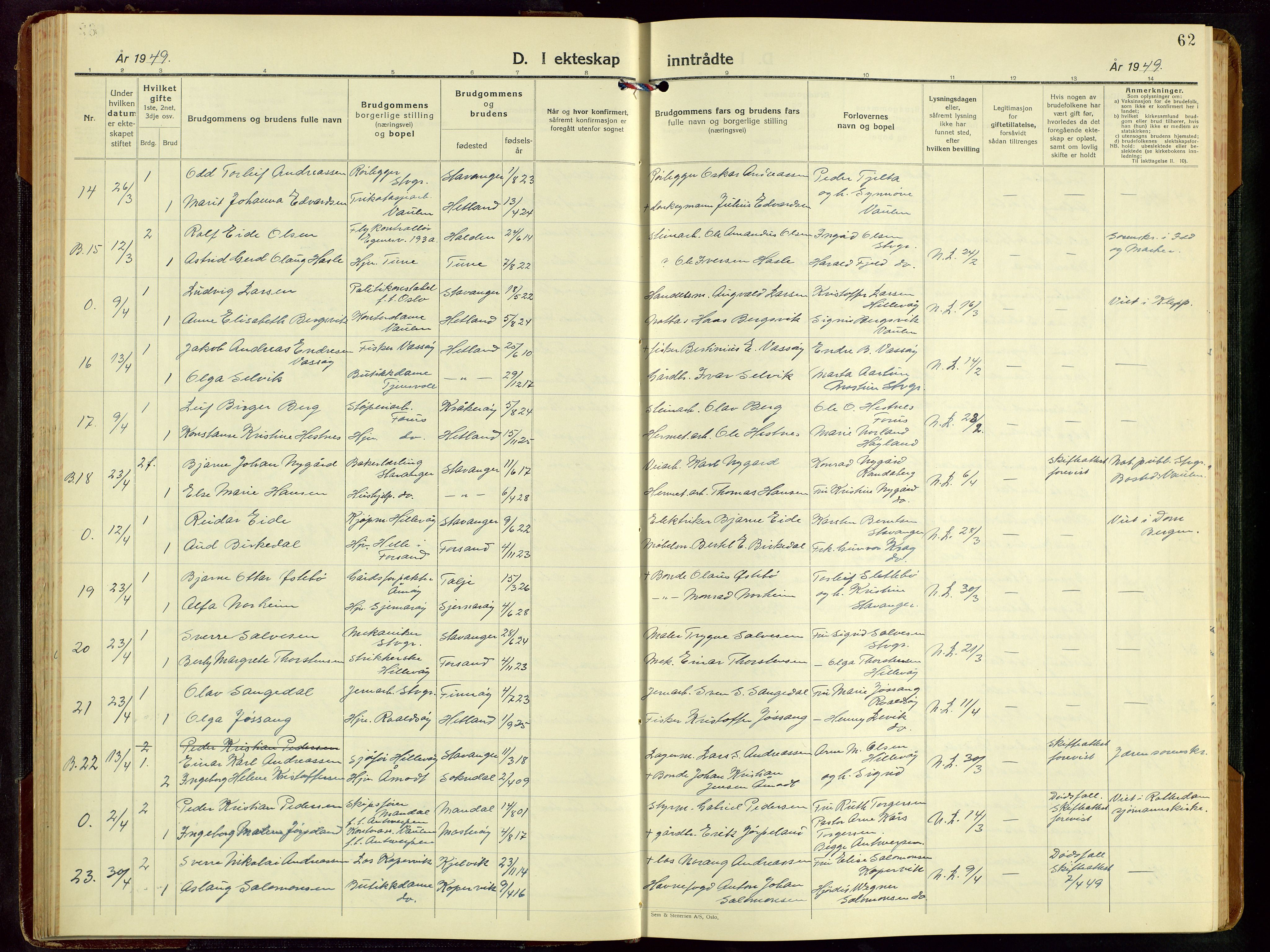 Hetland sokneprestkontor, AV/SAST-A-101826/30/30BB/L0016: Klokkerbok nr. B 16, 1942-1960, s. 62