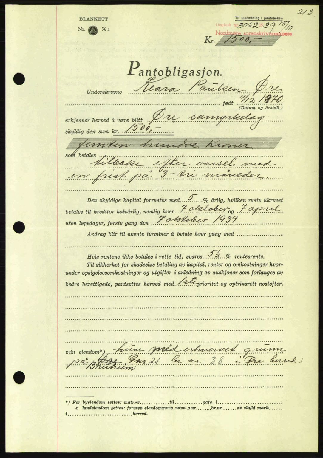 Nordmøre sorenskriveri, AV/SAT-A-4132/1/2/2Ca: Pantebok nr. B86, 1939-1940, Dagboknr: 3062/1939