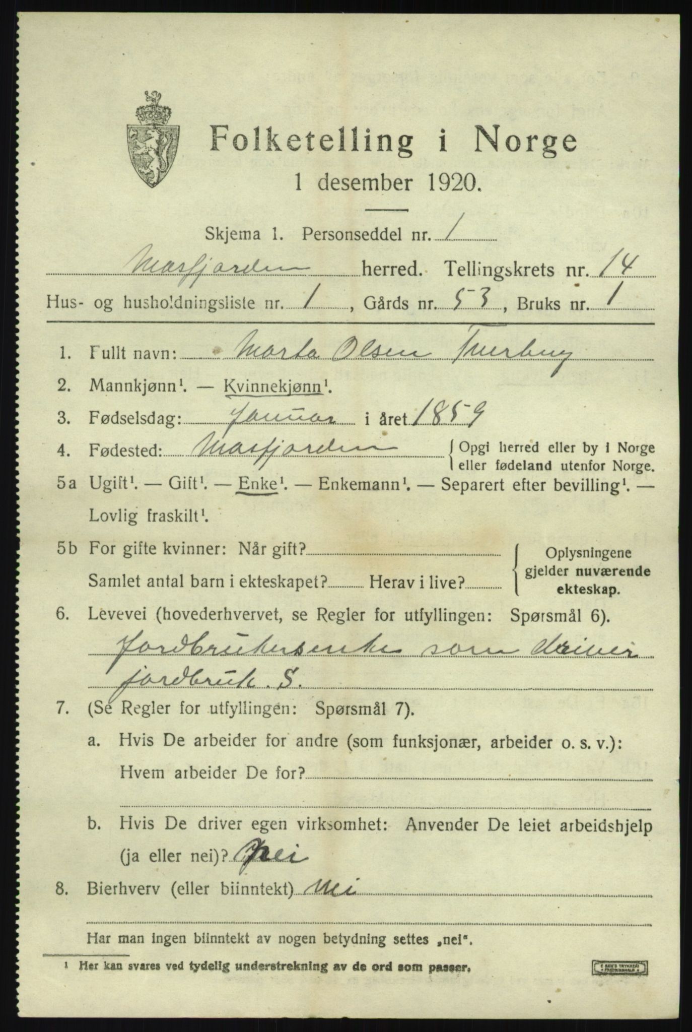 SAB, Folketelling 1920 for 1266 Masfjorden herred, 1920, s. 5101