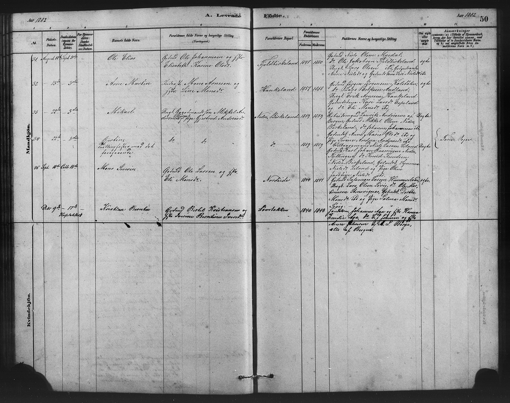 Birkeland Sokneprestembete, AV/SAB-A-74601/H/Hab: Klokkerbok nr. A 3, 1877-1887, s. 50