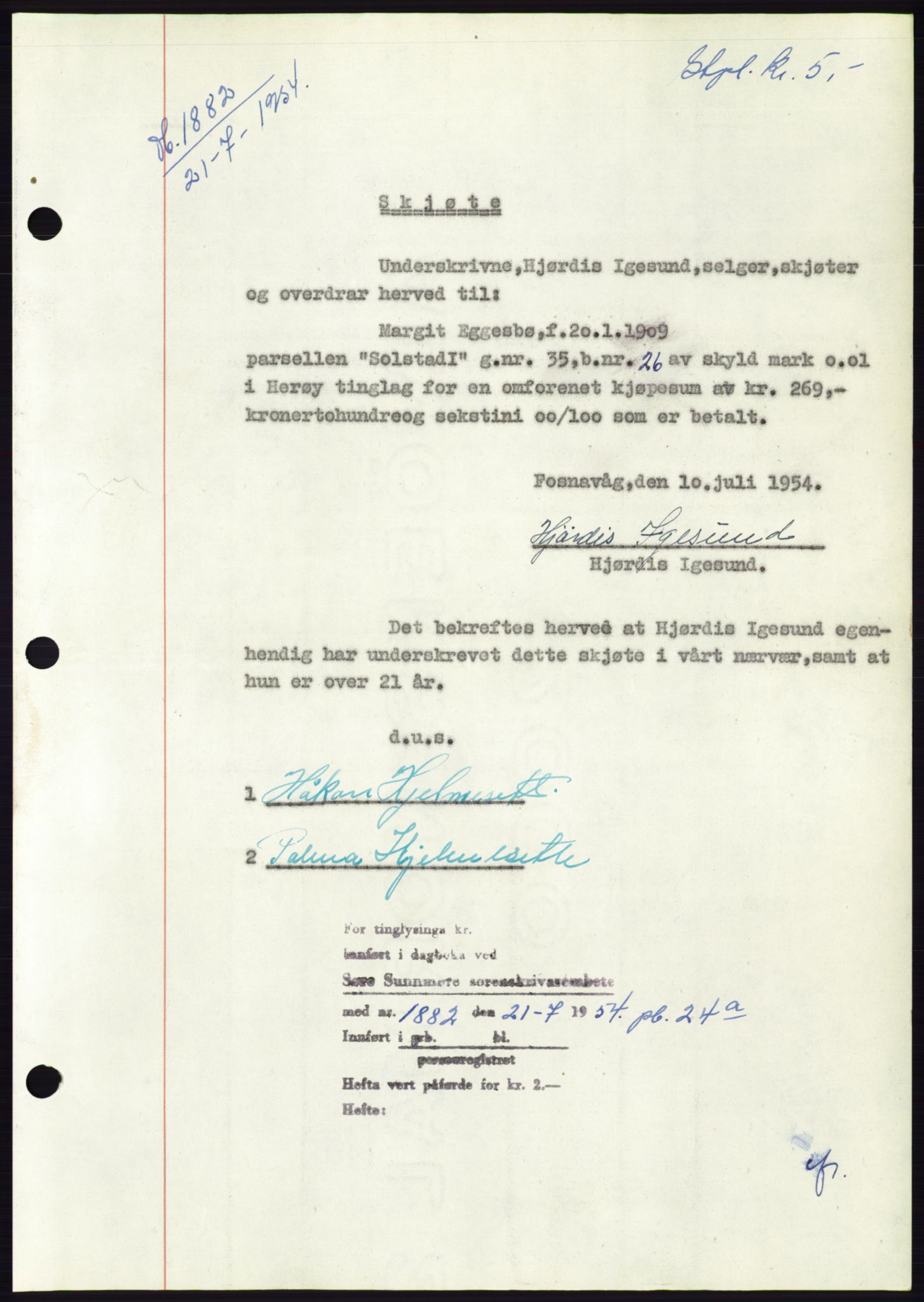 Søre Sunnmøre sorenskriveri, SAT/A-4122/1/2/2C/L0098: Pantebok nr. 24A, 1954-1954, Dagboknr: 1882/1954