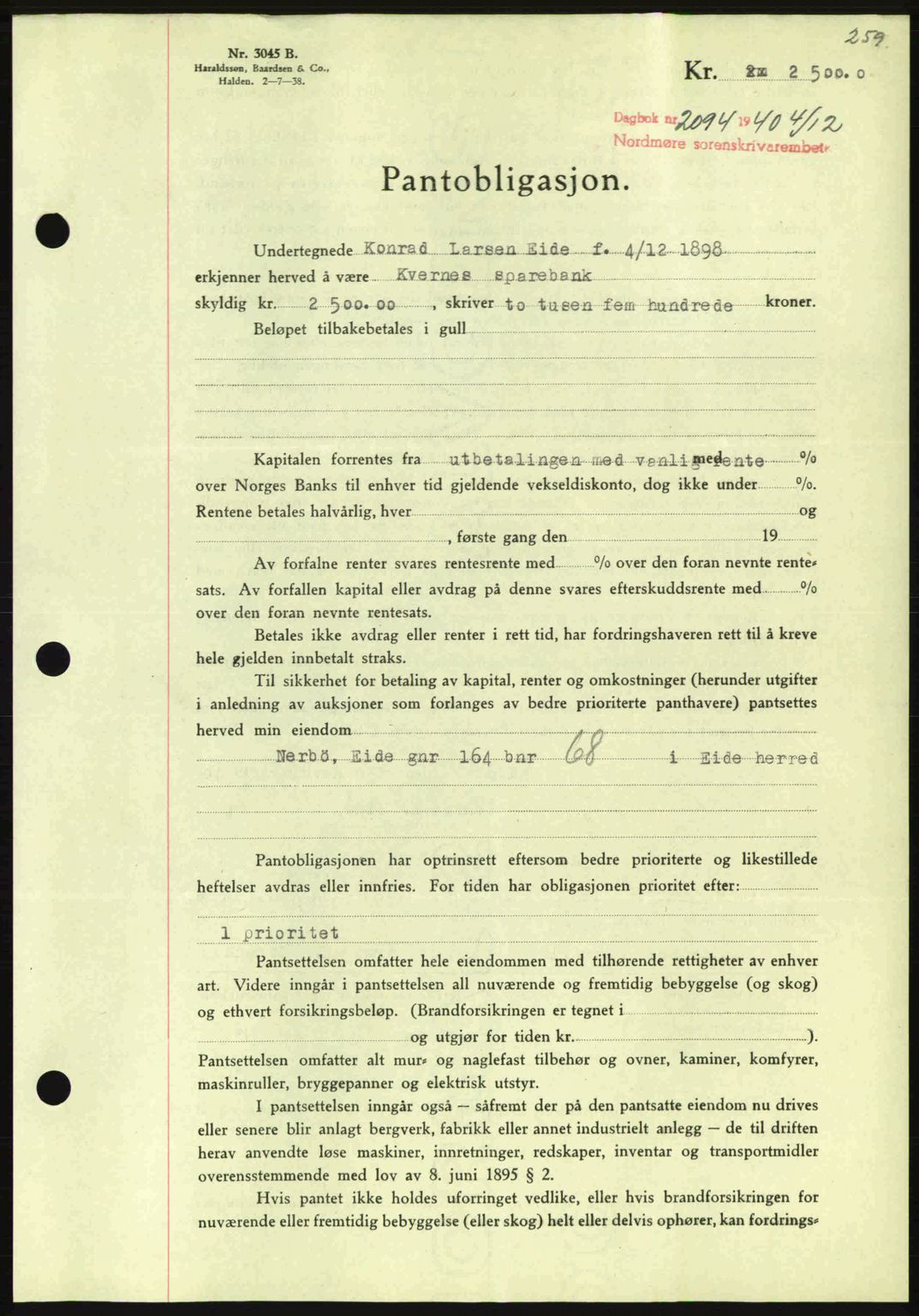 Nordmøre sorenskriveri, AV/SAT-A-4132/1/2/2Ca: Pantebok nr. B87, 1940-1941, Dagboknr: 2094/1940