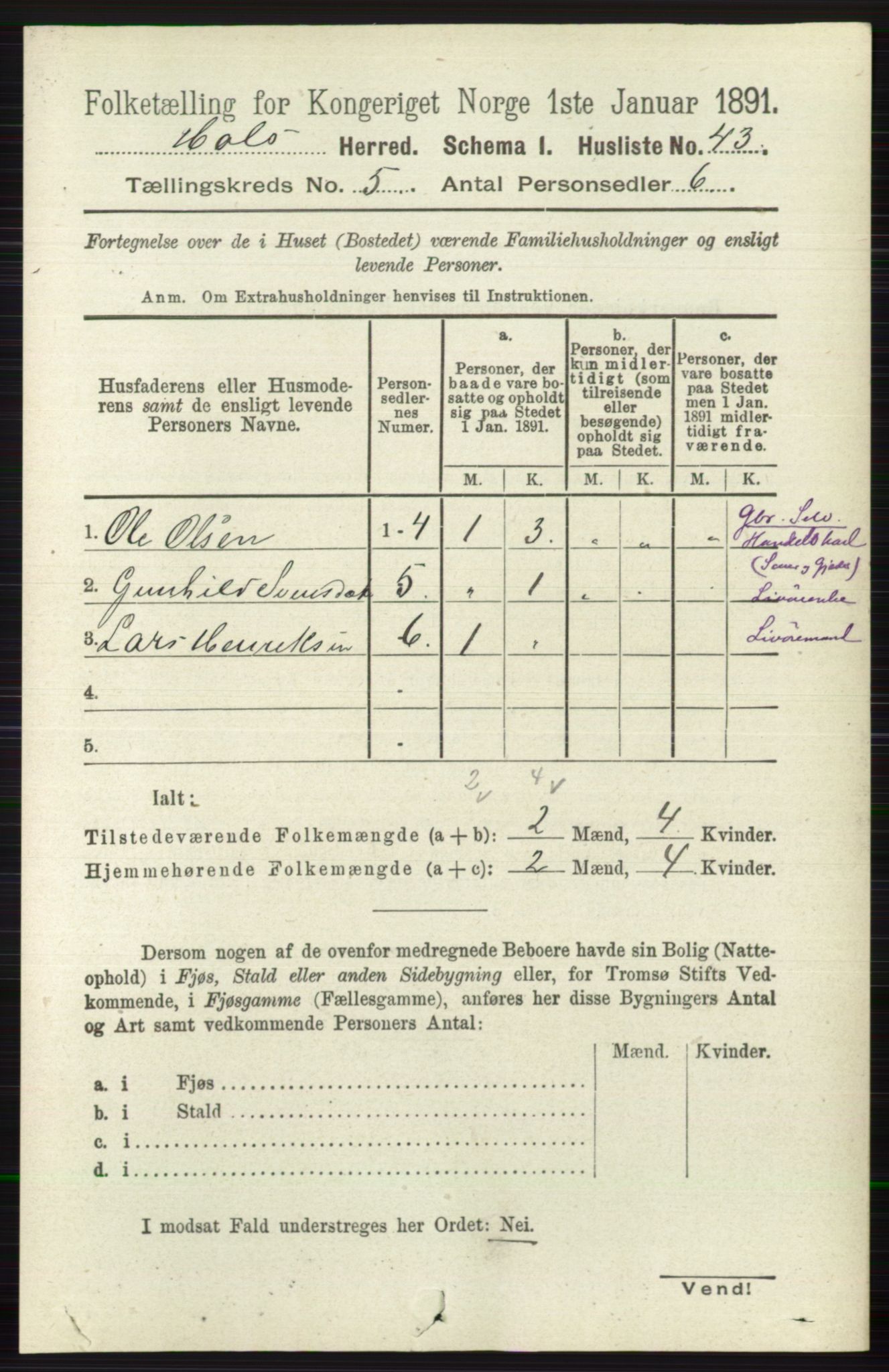 RA, Folketelling 1891 for 0620 Hol herred, 1891, s. 1460