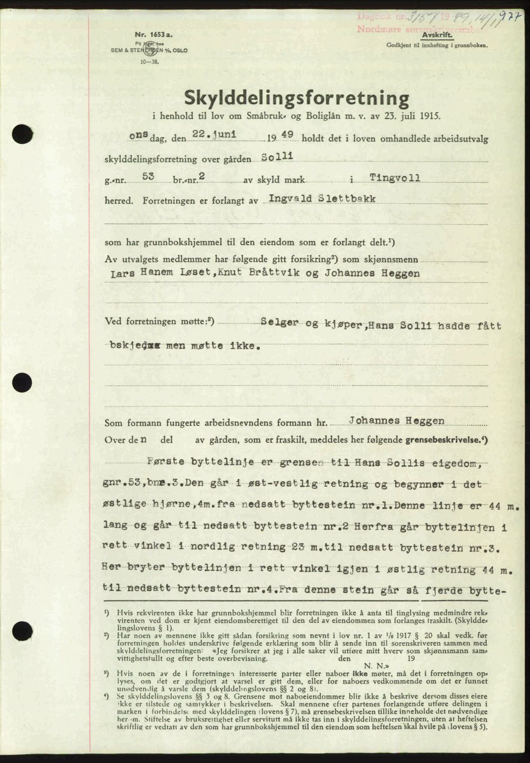 Nordmøre sorenskriveri, SAT/A-4132/1/2/2Ca: Pantebok nr. A112, 1949-1949, Dagboknr: 3157/1949