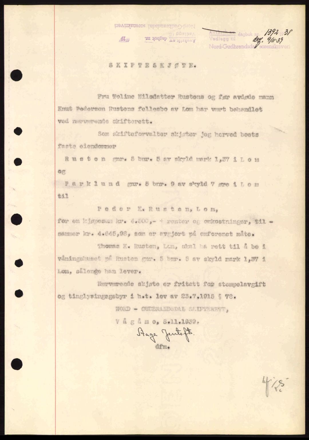 Nord-Gudbrandsdal tingrett, SAH/TING-002/H/Hb/Hbb/L0005: Pantebok nr. FA5, 1939-1940, Dagboknr: 1392/1939