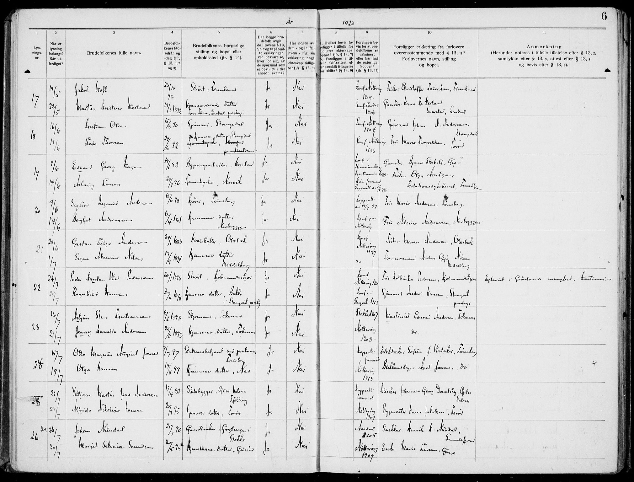 Nøtterøy kirkebøker, AV/SAKO-A-354/H/Ha/L0001: Lysningsprotokoll nr. 1, 1919-1937, s. 6