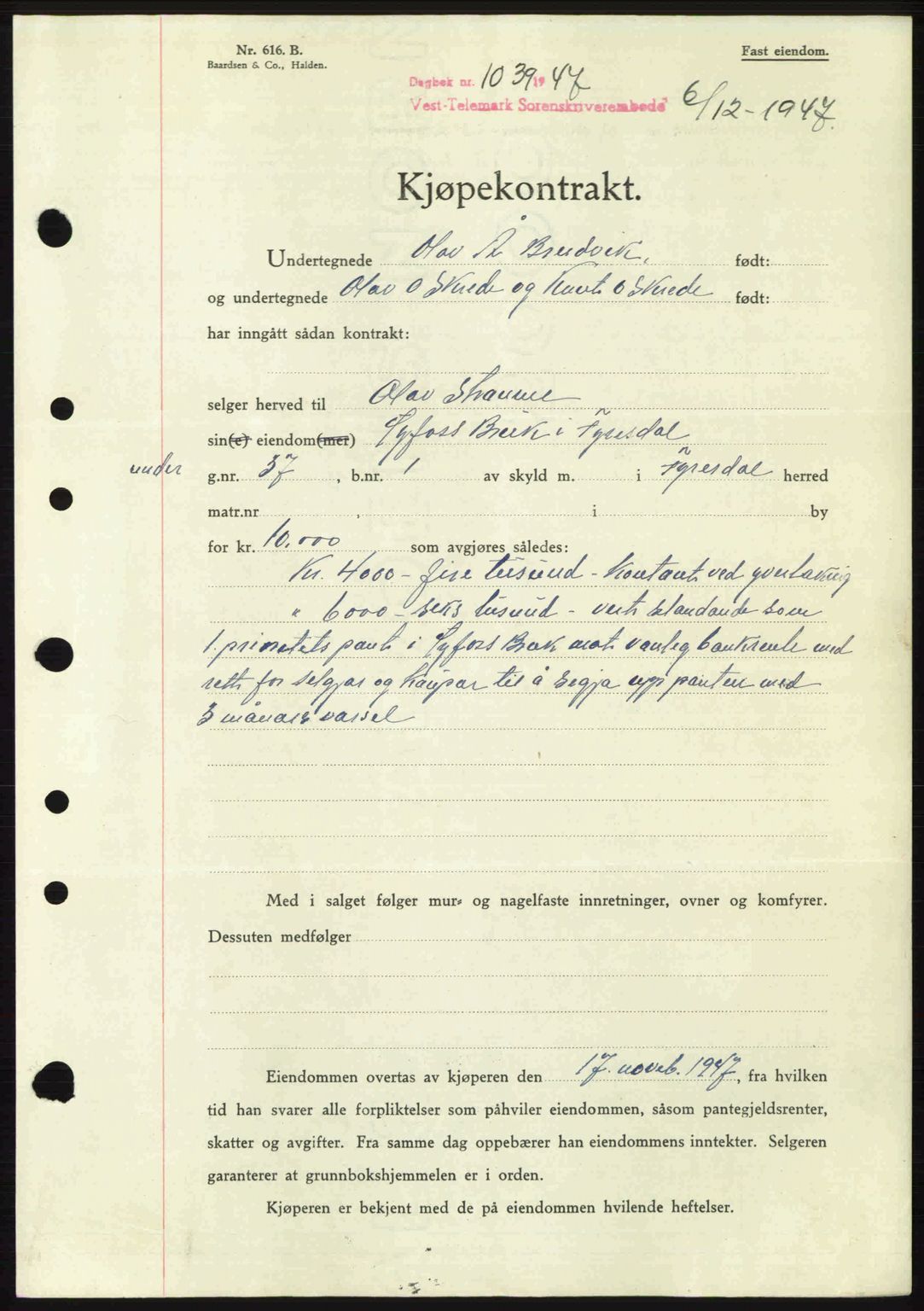 Vest-Telemark sorenskriveri, SAKO/A-134/G/Ga/Gac/L0008: Pantebok nr. A-8, 1947-1948, Dagboknr: 1039/1947