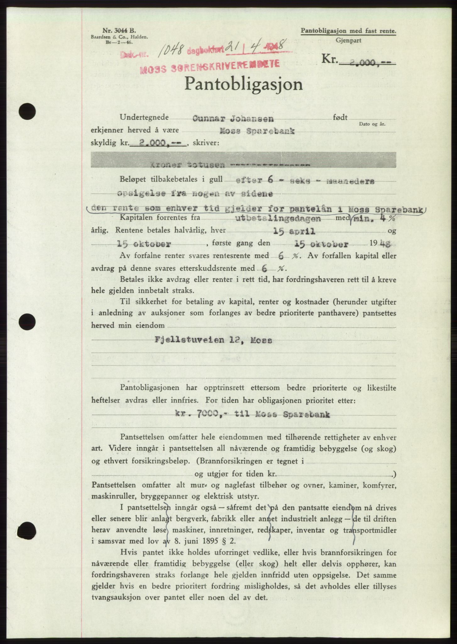Moss sorenskriveri, SAO/A-10168: Pantebok nr. B19, 1948-1948, Dagboknr: 1048/1948