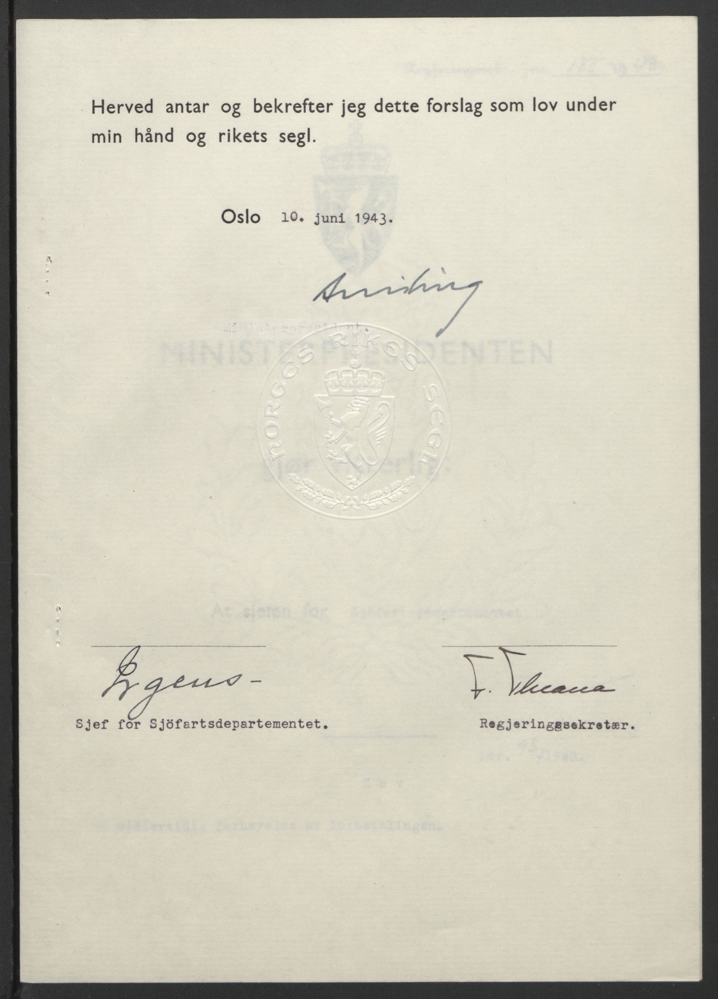 NS-administrasjonen 1940-1945 (Statsrådsekretariatet, de kommisariske statsråder mm), AV/RA-S-4279/D/Db/L0099: Lover, 1943, s. 424