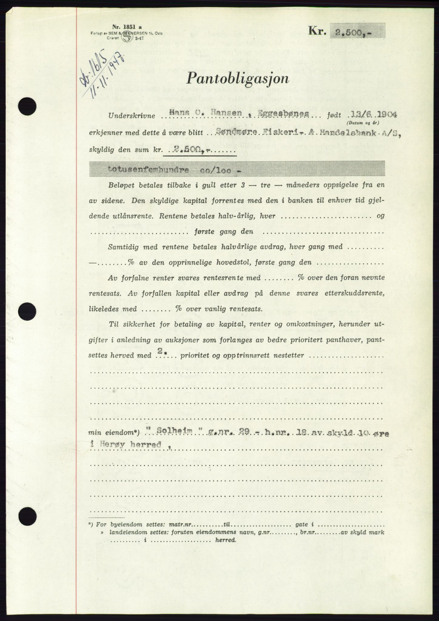 Søre Sunnmøre sorenskriveri, AV/SAT-A-4122/1/2/2C/L0115: Pantebok nr. 3B, 1947-1948, Dagboknr: 1615/1947