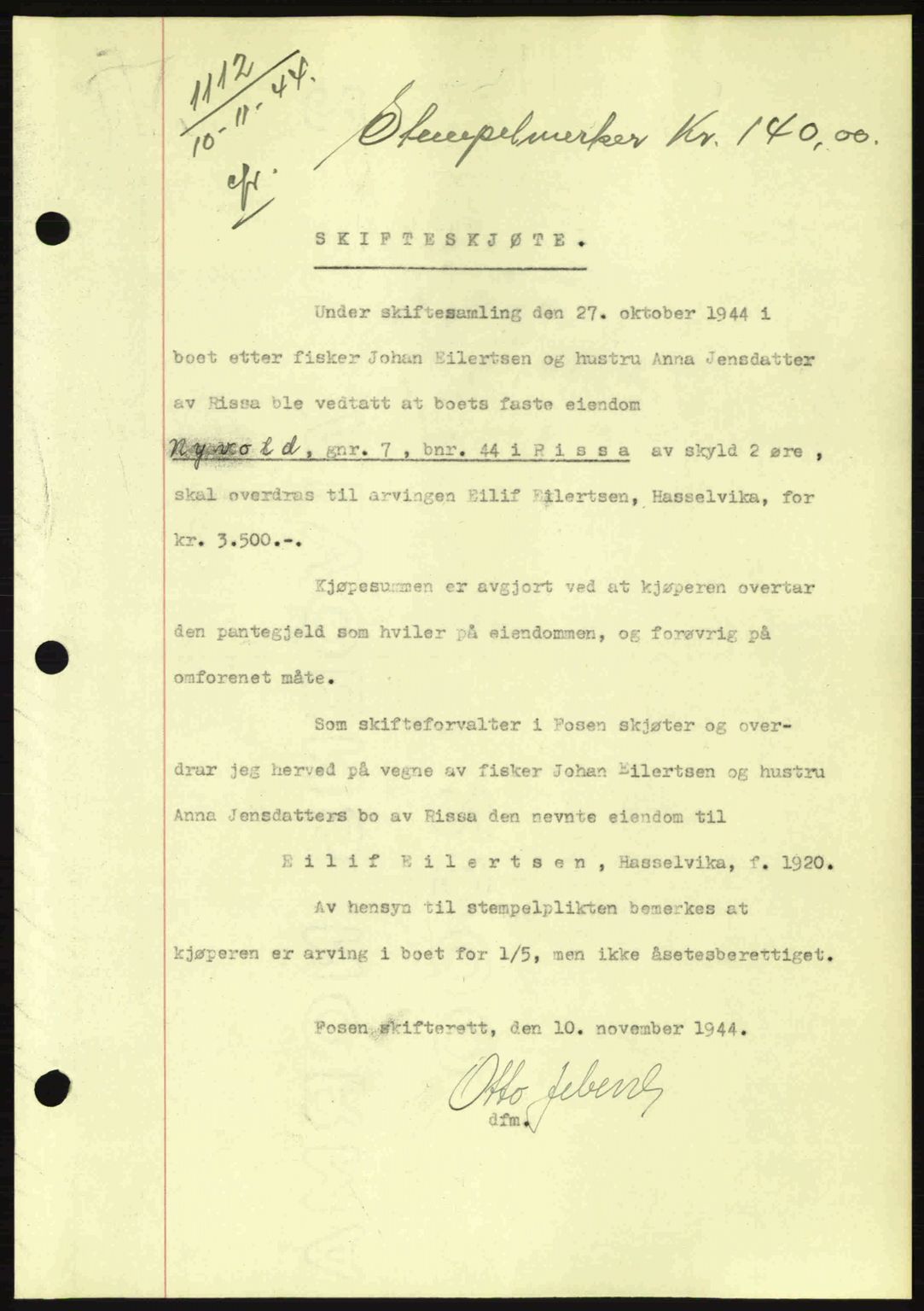 Fosen sorenskriveri, AV/SAT-A-1107/1/2/2C: Pantebok nr. A3, 1943-1945, Dagboknr: 1112/1944