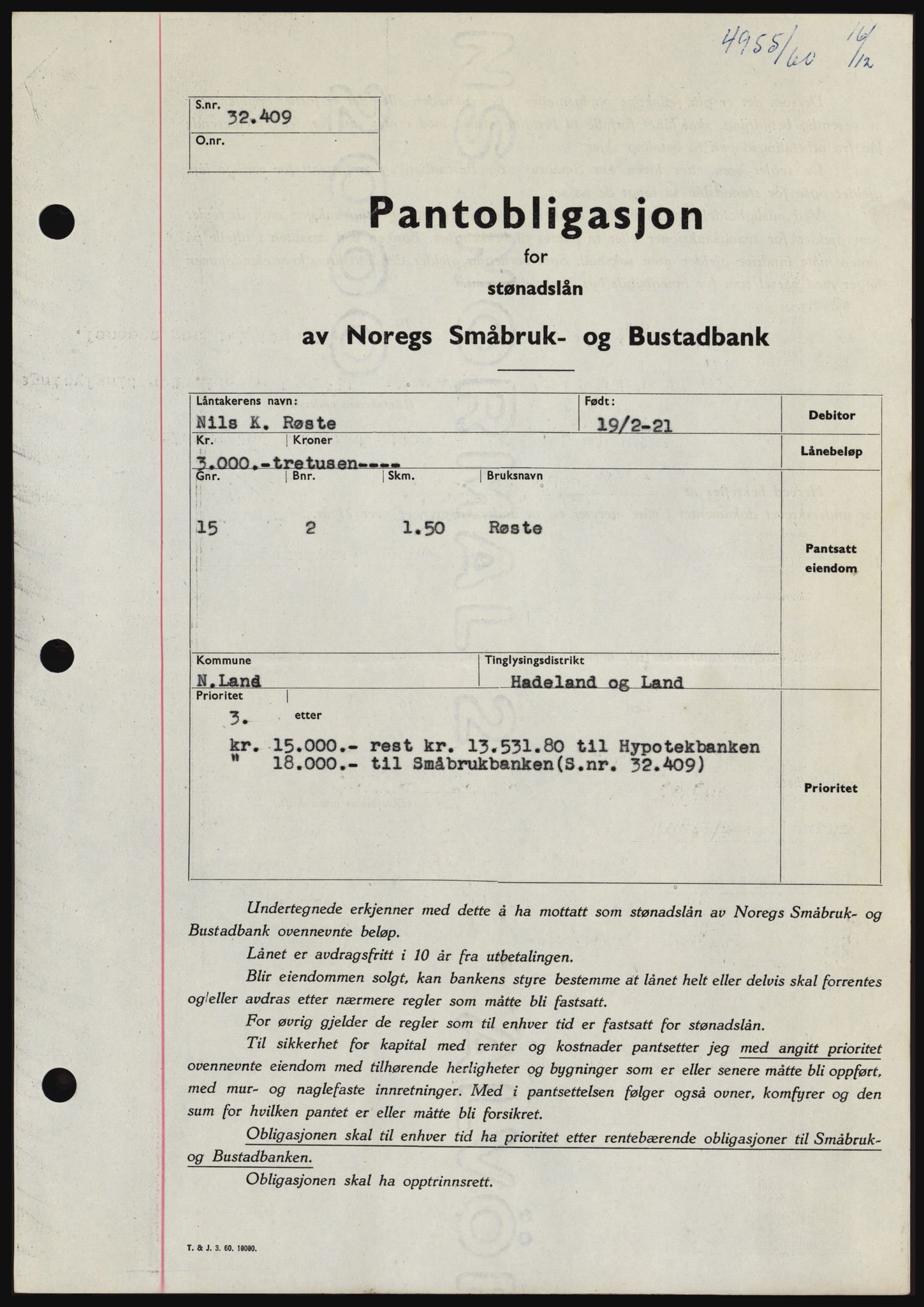 Hadeland og Land tingrett, SAH/TING-010/H/Hb/Hbc/L0044: Pantebok nr. B44, 1960-1961, Dagboknr: 4955/1960