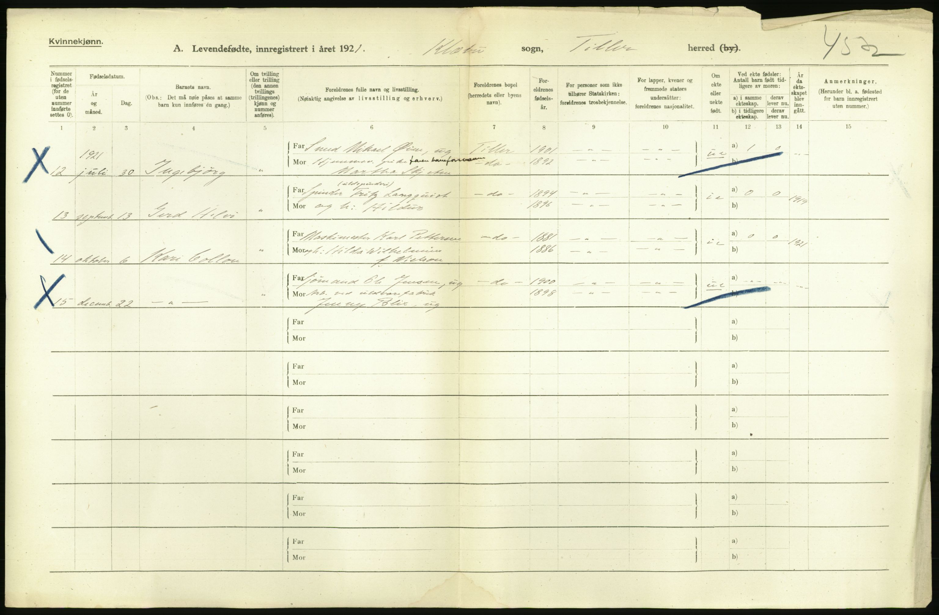 Statistisk sentralbyrå, Sosiodemografiske emner, Befolkning, AV/RA-S-2228/D/Df/Dfc/Dfca/L0043: S. Trøndelag fylke: Levendefødte menn og kvinner. Bygder., 1921, s. 670