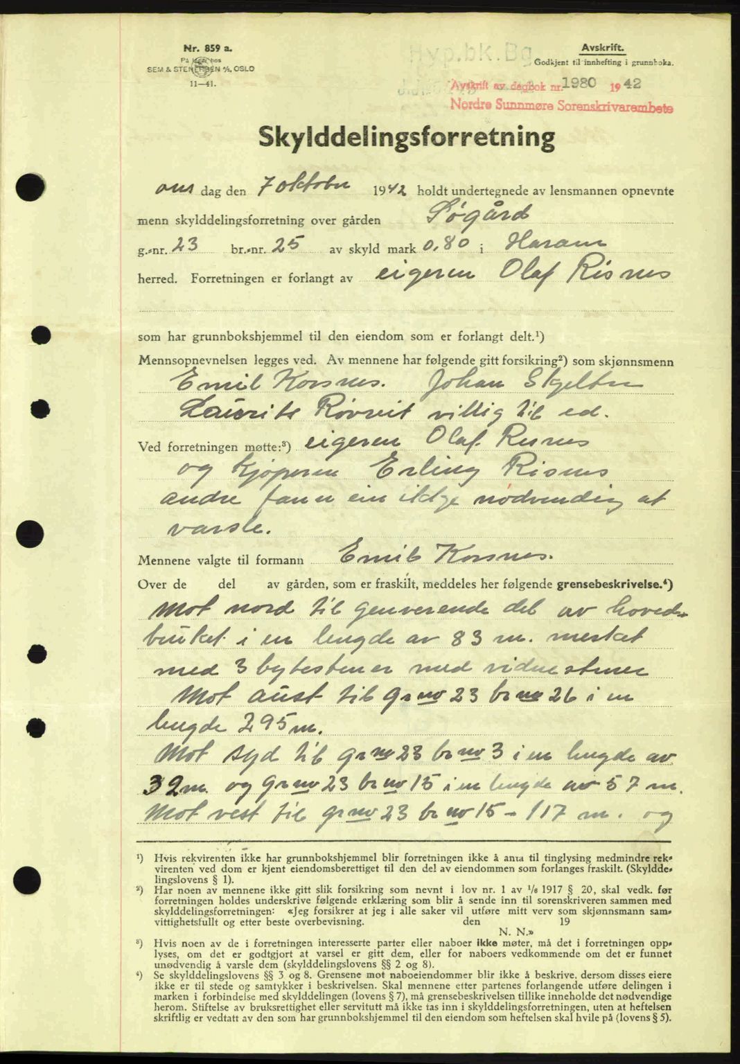 Nordre Sunnmøre sorenskriveri, AV/SAT-A-0006/1/2/2C/2Ca: Pantebok nr. A15, 1942-1943, Dagboknr: 1980/1942