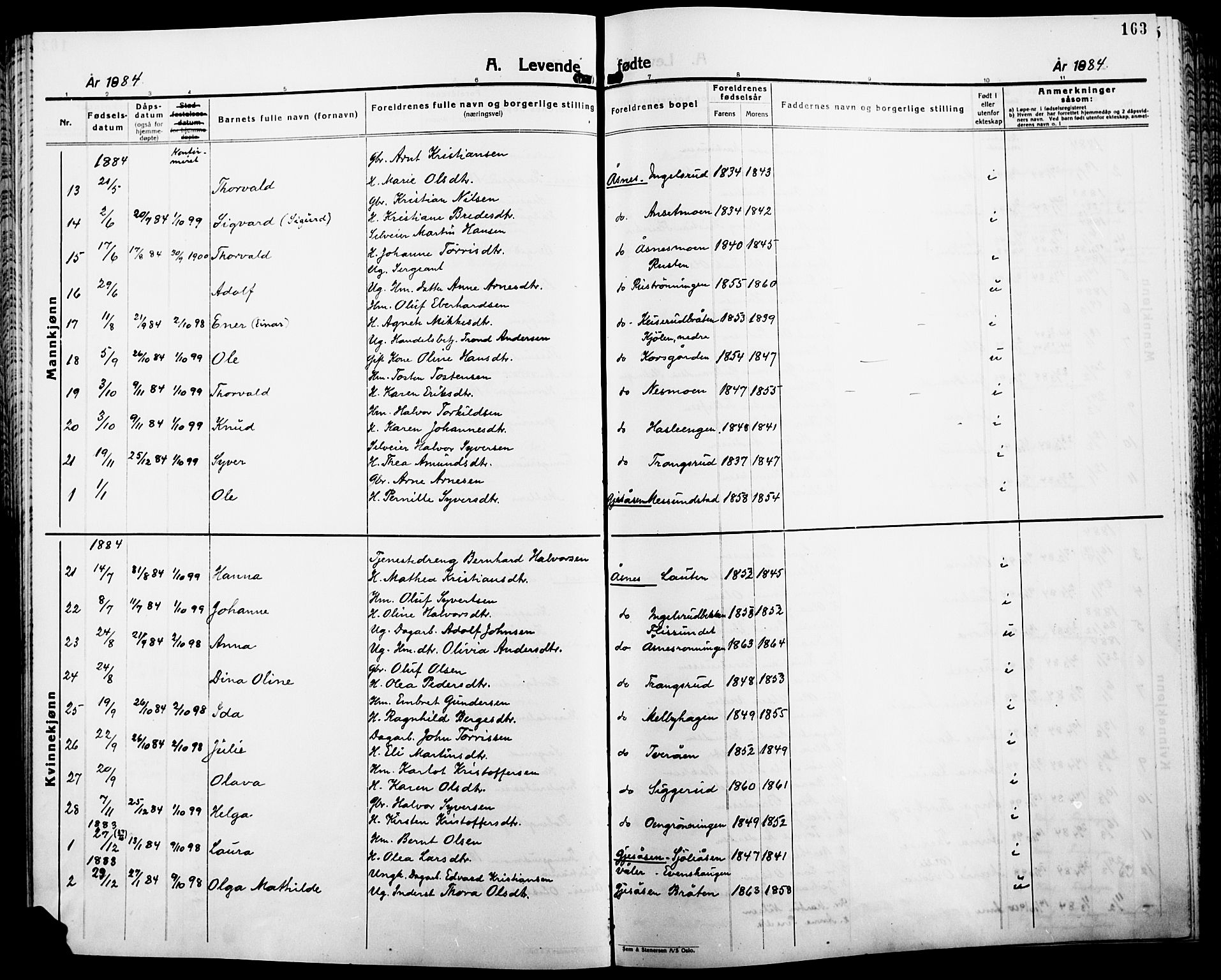 Åsnes prestekontor, AV/SAH-PREST-042/H/Ha/Haa/L0000B: Ministerialbok, 1870-1889, s. 163