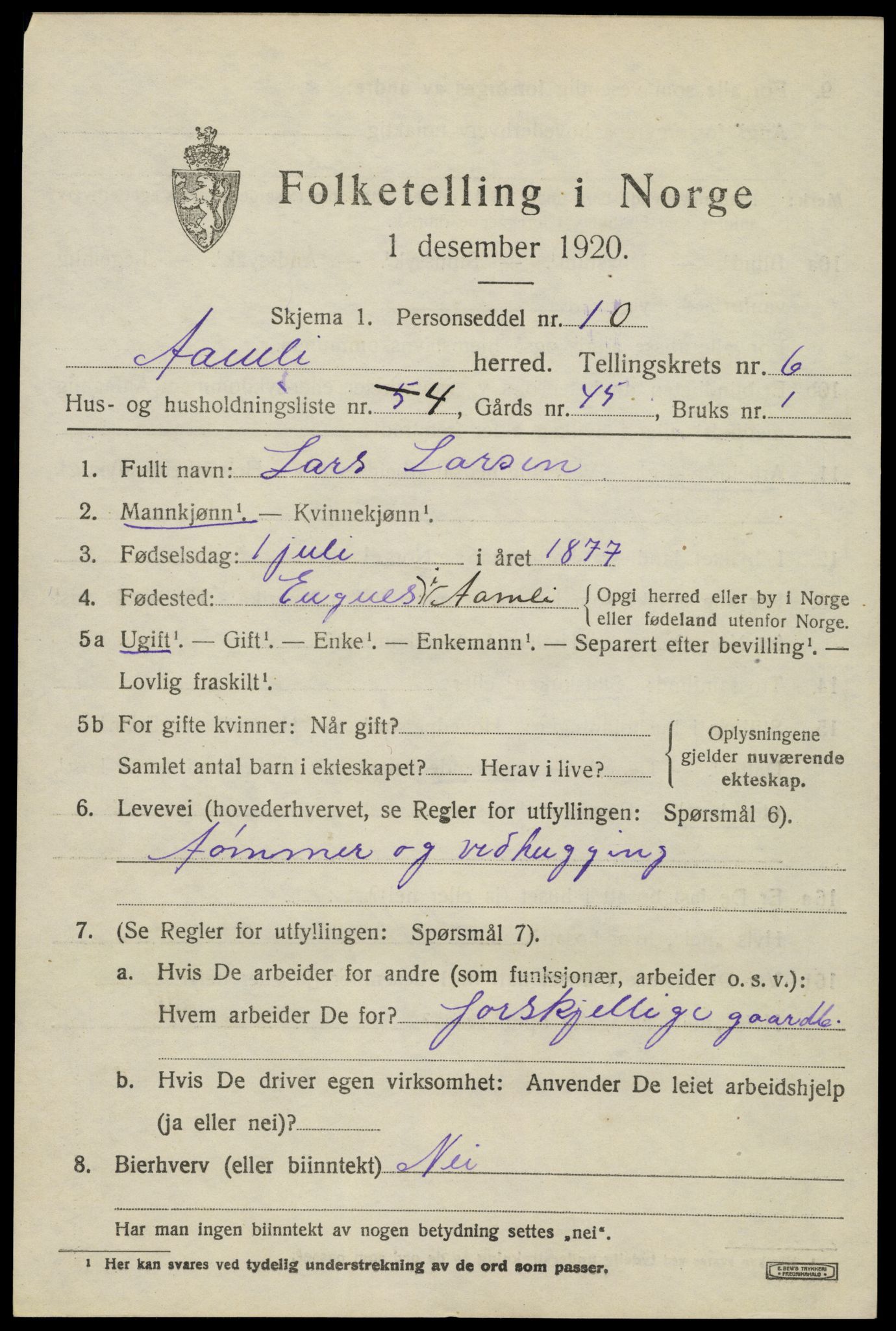 SAK, Folketelling 1920 for 0929 Åmli herred, 1920, s. 2689