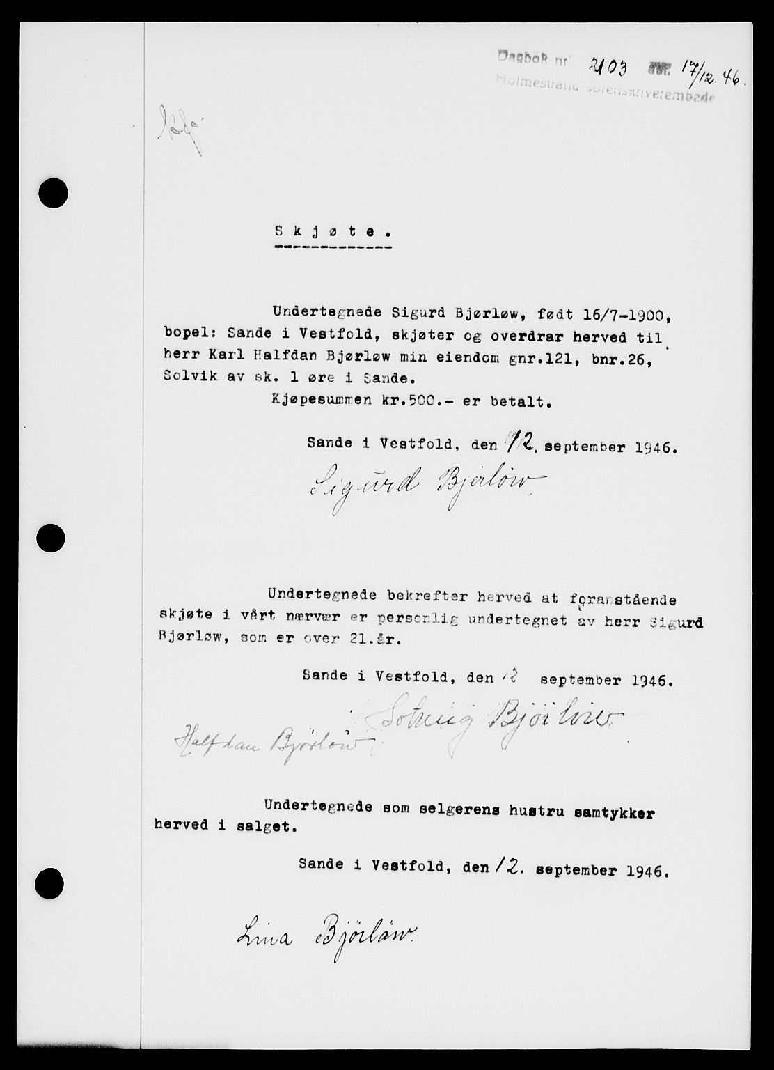 Holmestrand sorenskriveri, SAKO/A-67/G/Ga/Gaa/L0061: Pantebok nr. A-61, 1946-1947, Dagboknr: 2103/1946